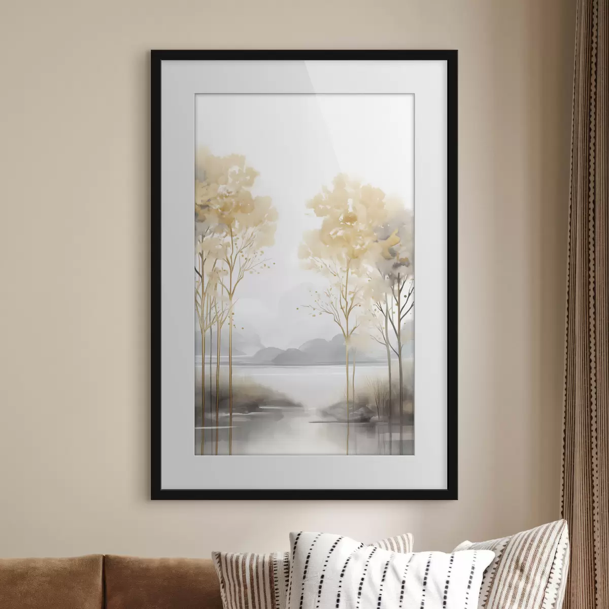 Poster Paisaje abstracto decorativo, árboles altos con hojas amarillas, un río y niebla al fondo f47015