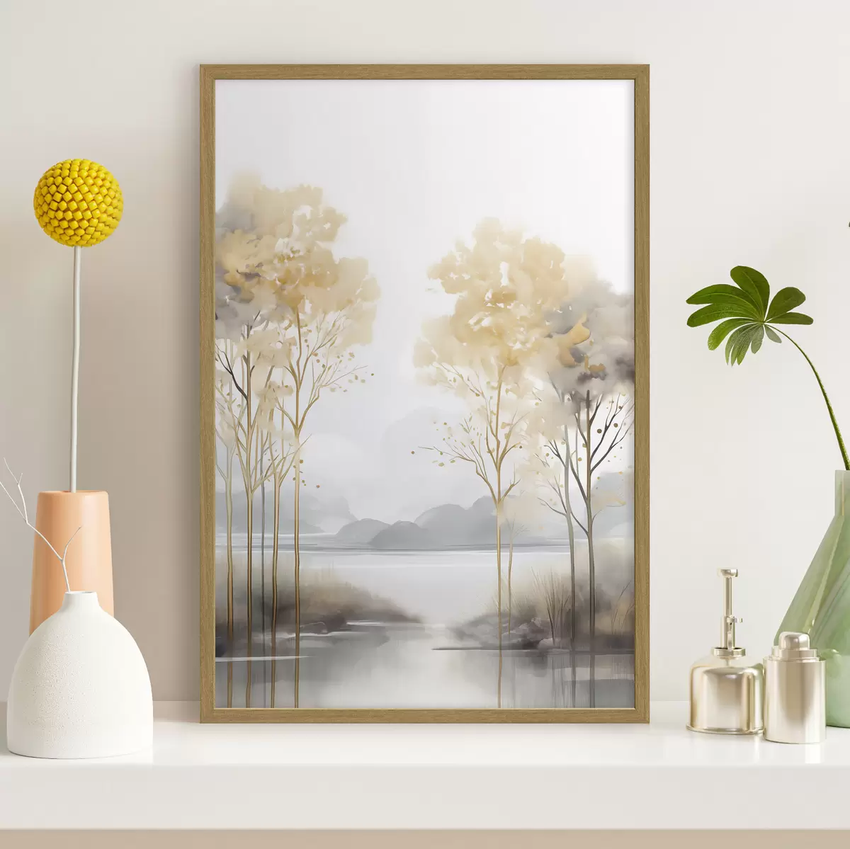 Poster Paisaje abstracto decorativo, árboles altos con hojas amarillas, un río y niebla al fondo f47015