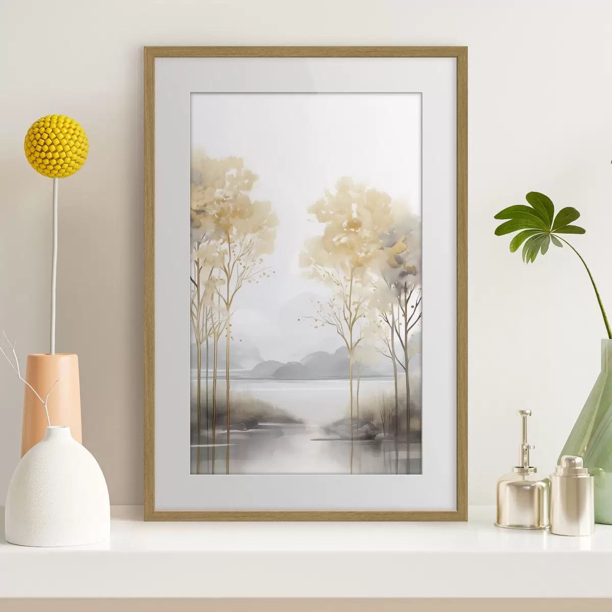 Poster Paisaje abstracto decorativo, árboles altos con hojas amarillas, un río y niebla al fondo f47015