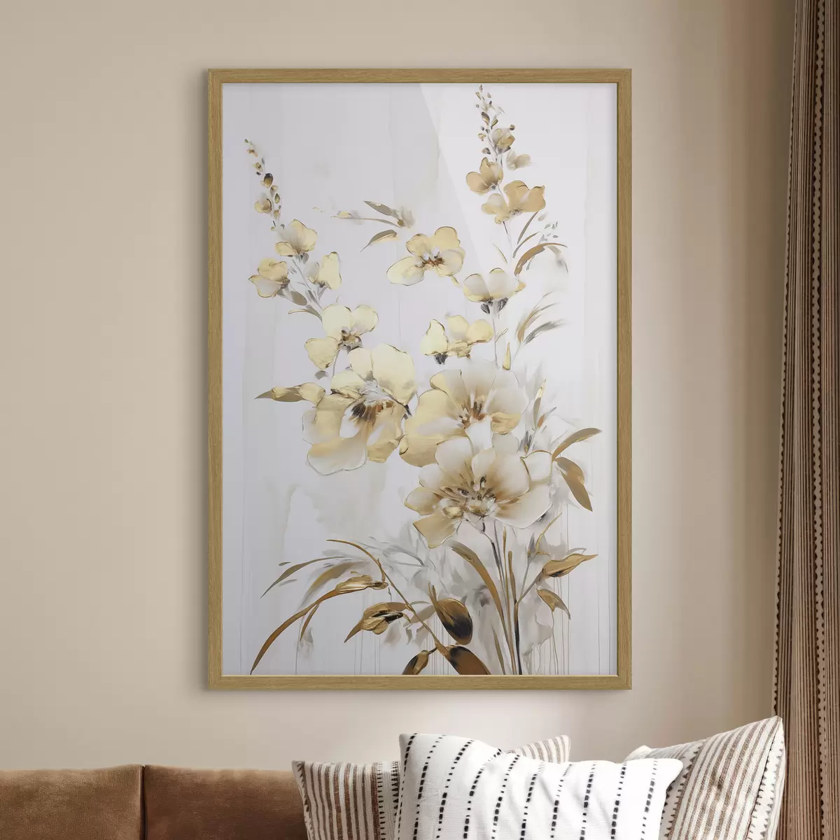 Poster Flores y hojas amarillas con textura sobre fondo blanco, con delicadas pinceladas f47016