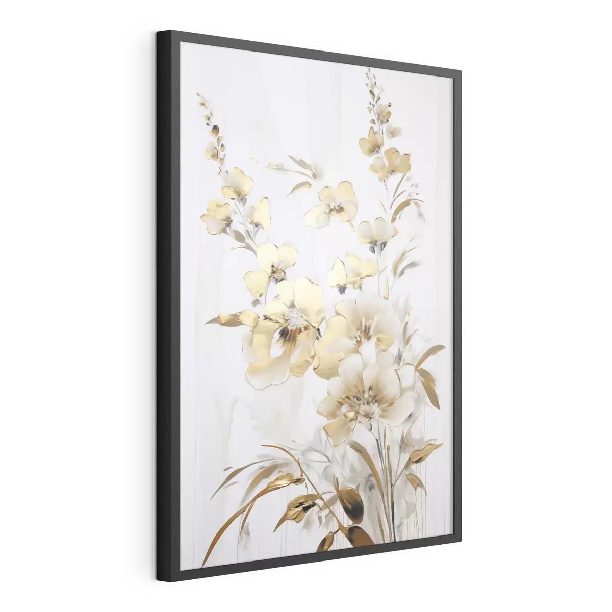 Poster Flores y hojas amarillas con textura sobre fondo blanco, con delicadas pinceladas f47016