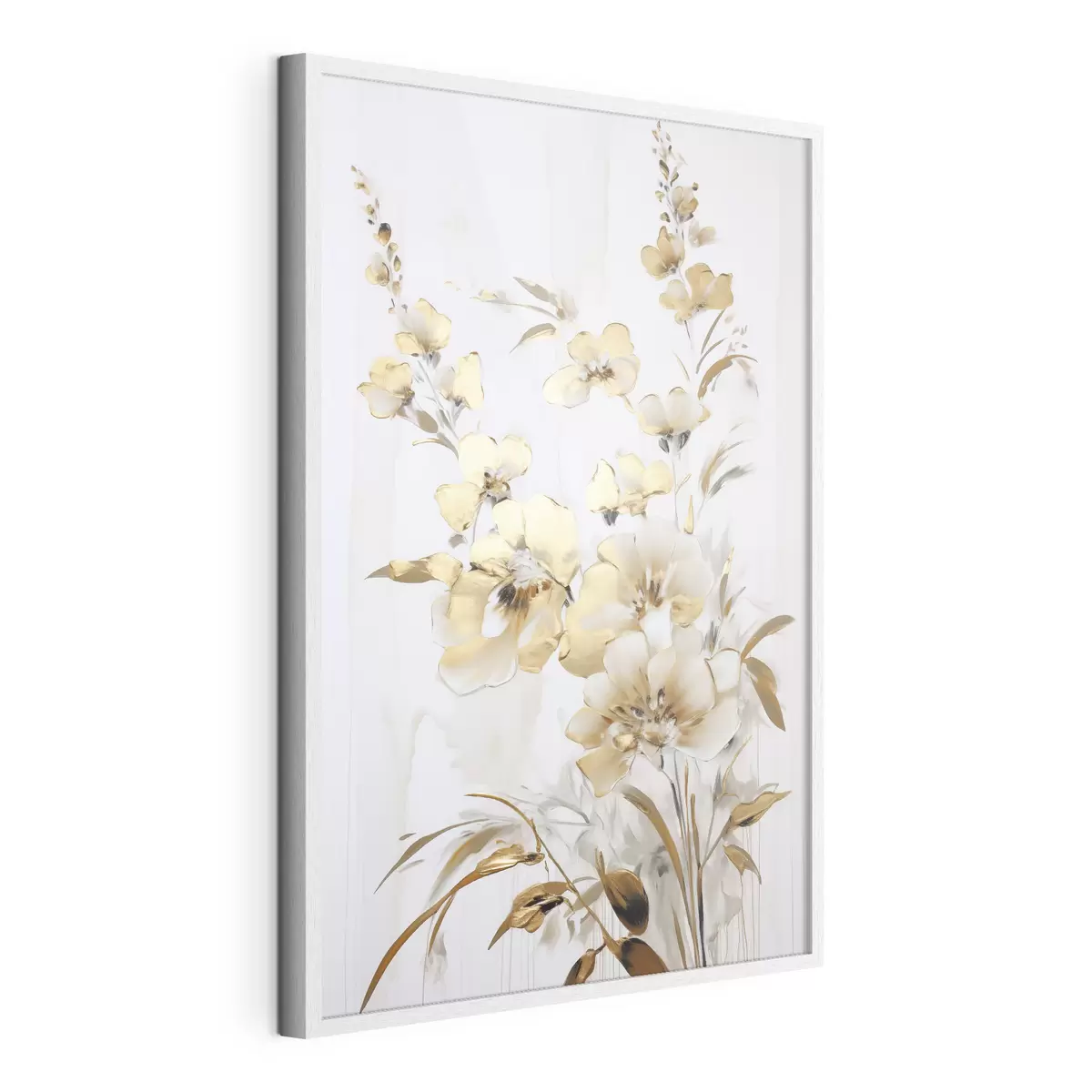 Poster Flores y hojas amarillas con textura sobre fondo blanco, con delicadas pinceladas f47016