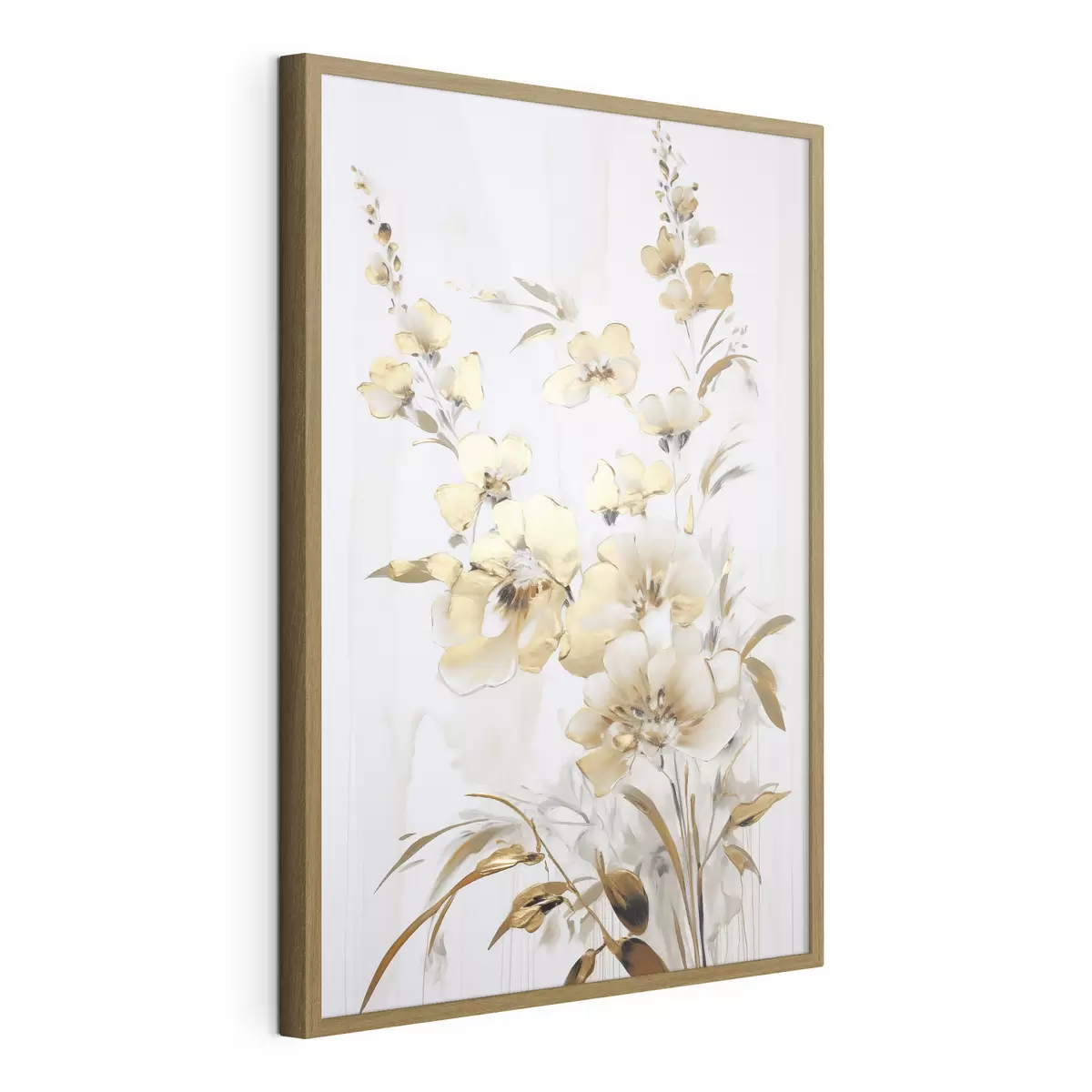 Poster Flores y hojas amarillas con textura sobre fondo blanco, con delicadas pinceladas f47016