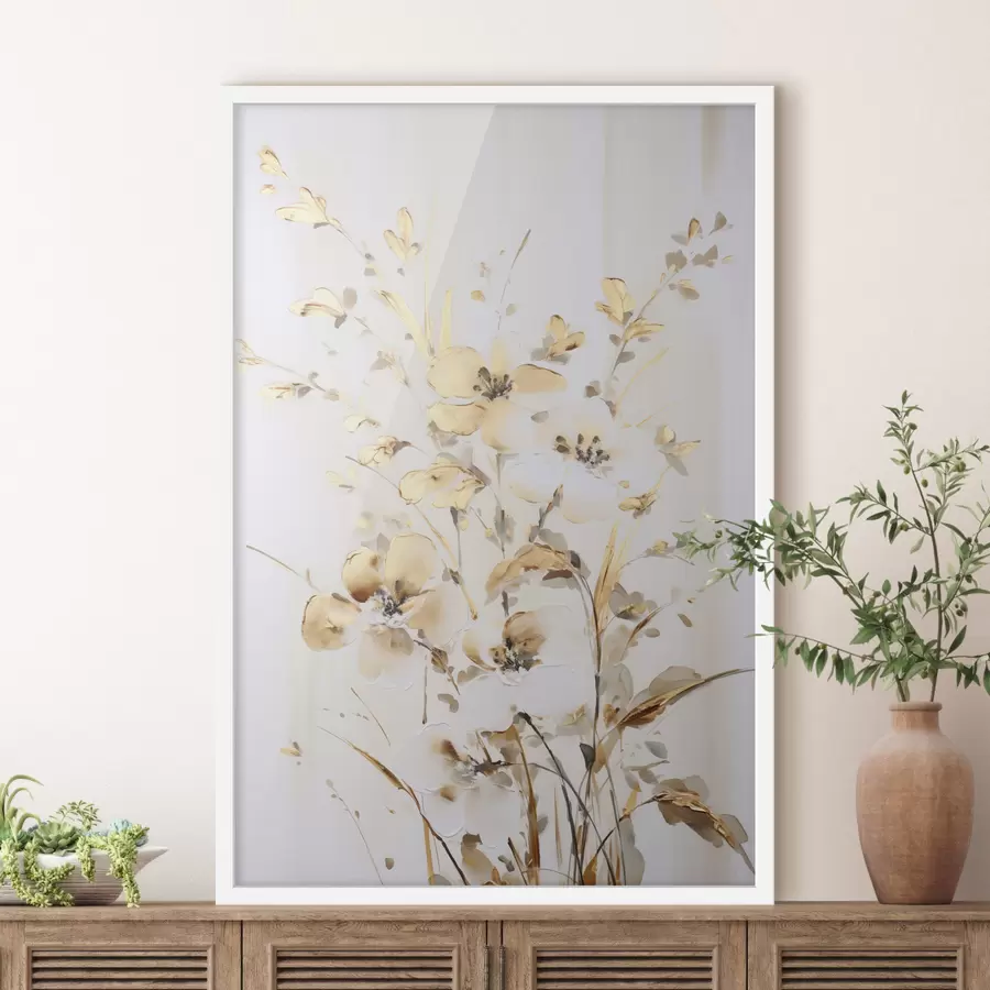 murales de pared Flores y hojas amarillas con textura sobre fondo blanco, con delicadas pinceladas. f47017