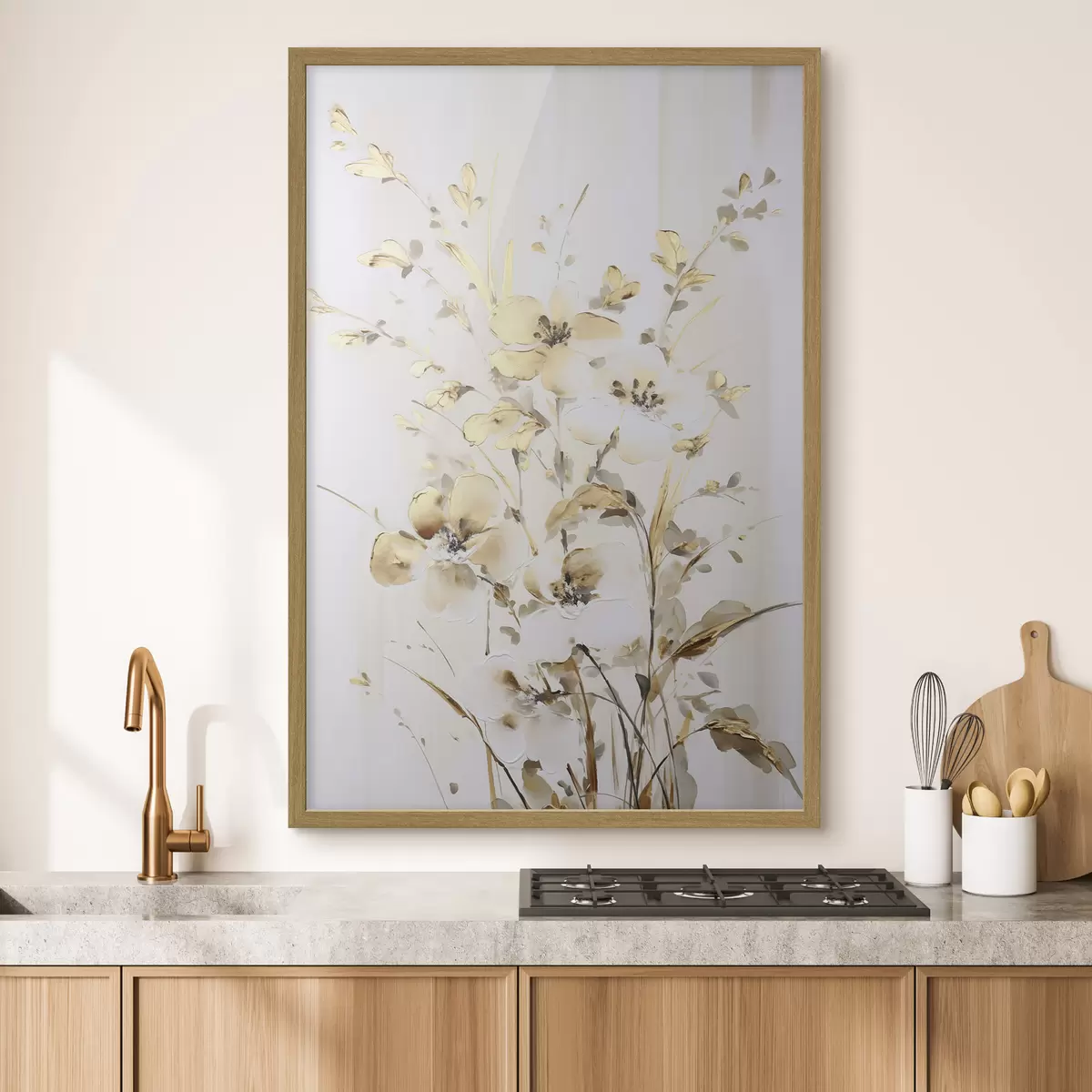 Poster Flores y hojas amarillas con textura sobre fondo blanco, con delicadas pinceladas f47017
