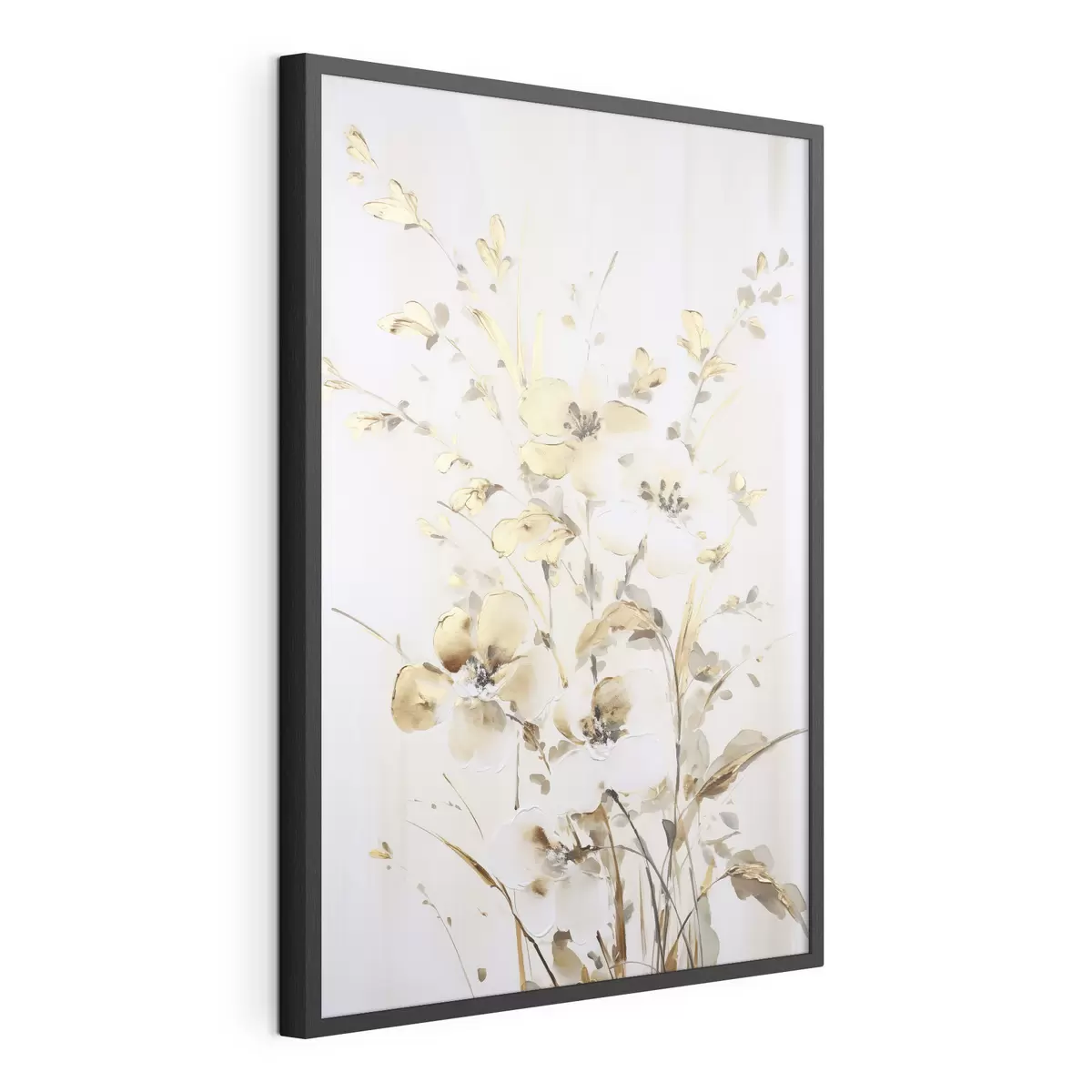 Poster Flores y hojas amarillas con textura sobre fondo blanco, con delicadas pinceladas f47017