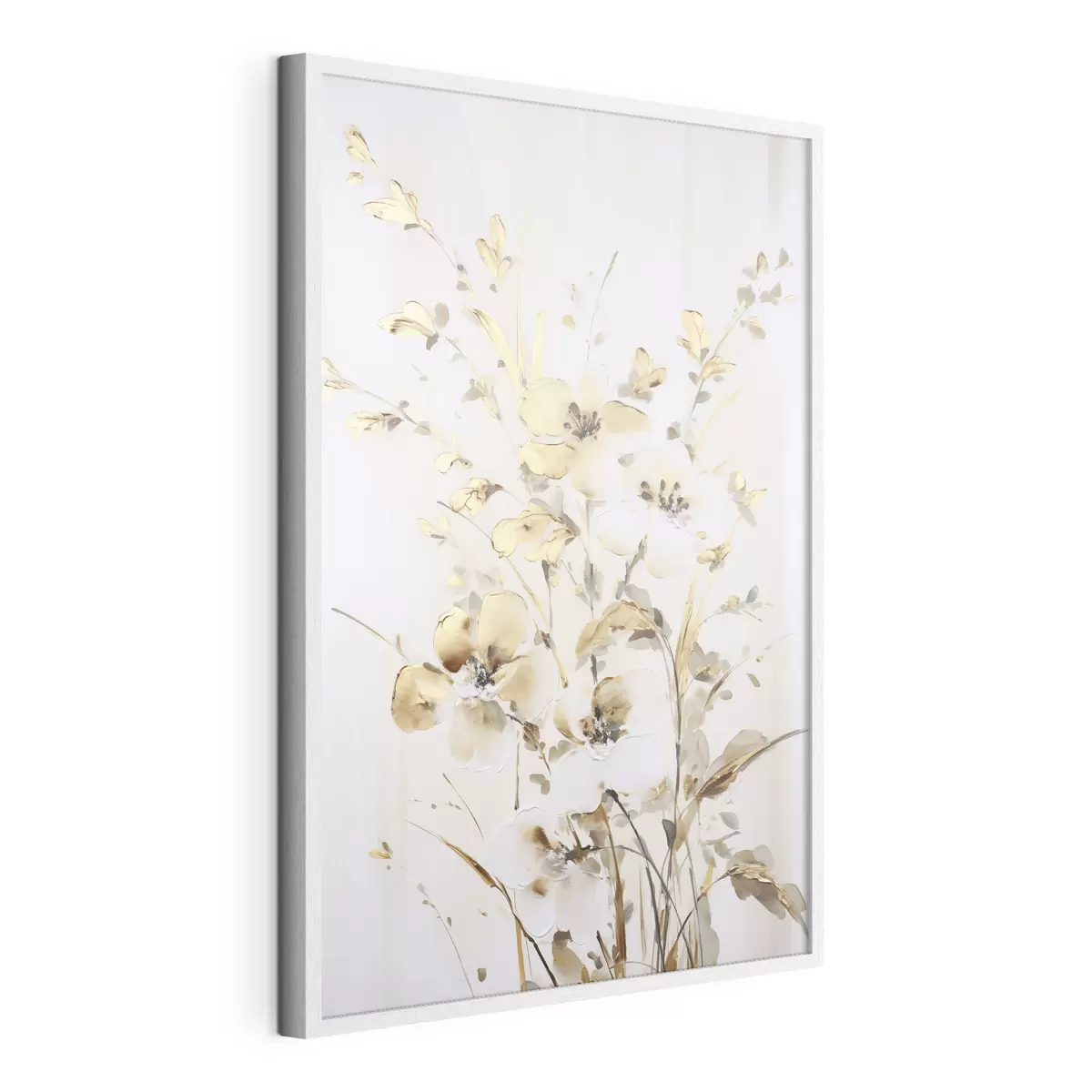 Poster Flores y hojas amarillas con textura sobre fondo blanco, con delicadas pinceladas f47017