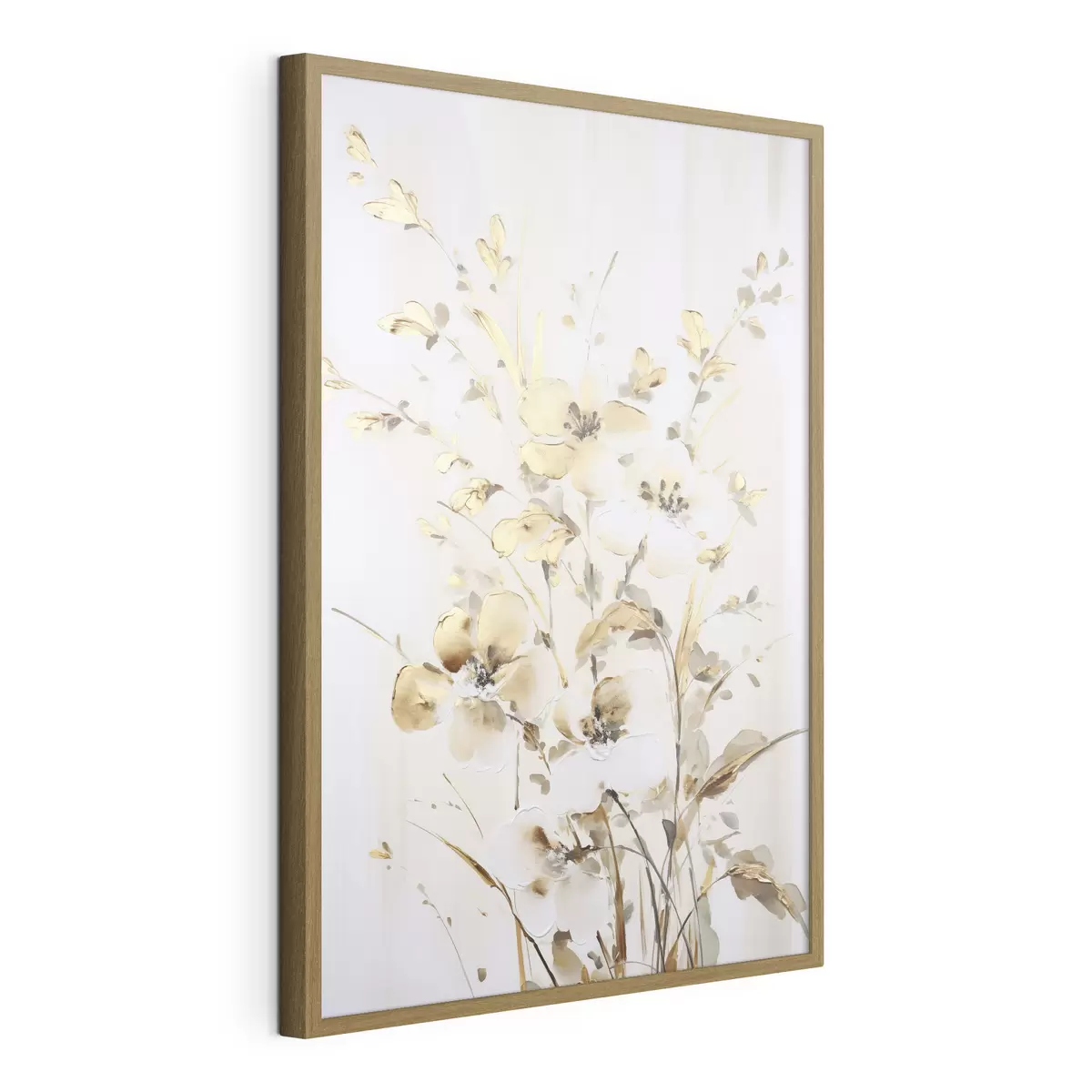 Poster Flores y hojas amarillas con textura sobre fondo blanco, con delicadas pinceladas f47017