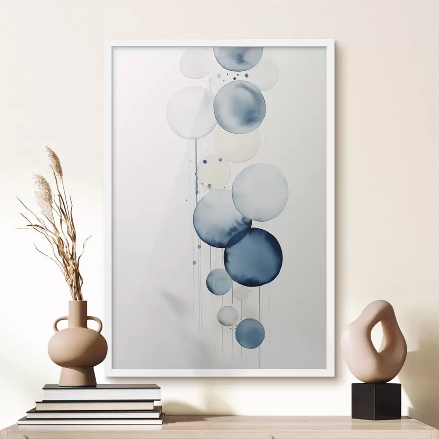 murales de pared Círculos abstractos con textura azul y blanca en acuarela de diferentes tamaños, sobre fondo blanco f47020