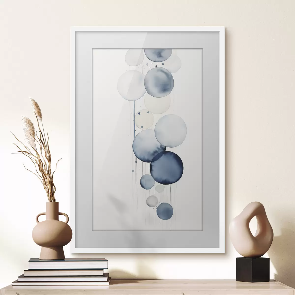 Poster Círculos abstractos con textura azul y blanca en acuarela de diferentes tamaños, sobre fondo blanco f47020