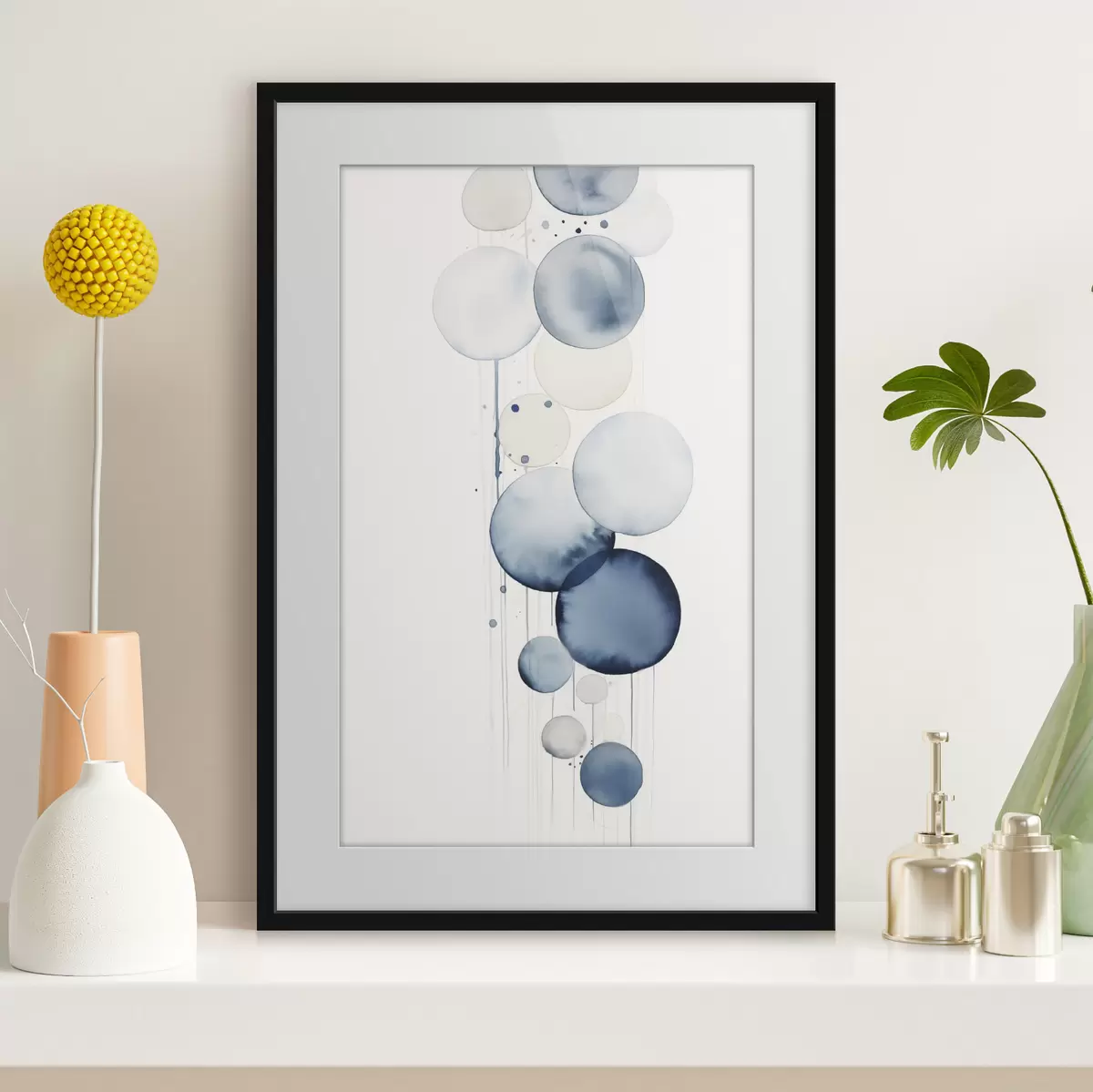 Poster Círculos abstractos con textura azul y blanca en acuarela de diferentes tamaños, sobre fondo blanco f47020