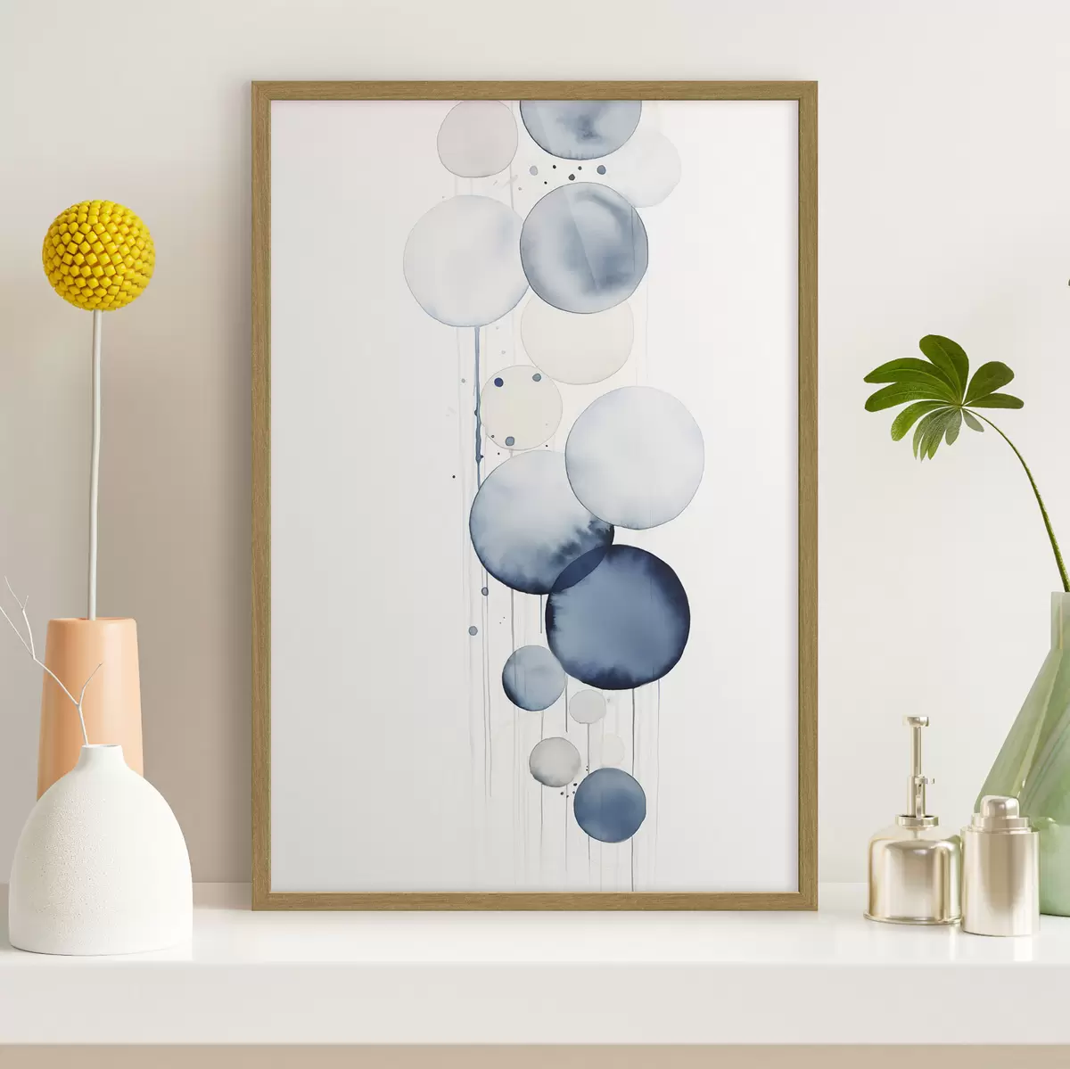 Poster Círculos abstractos con textura azul y blanca en acuarela de diferentes tamaños, sobre fondo blanco f47020