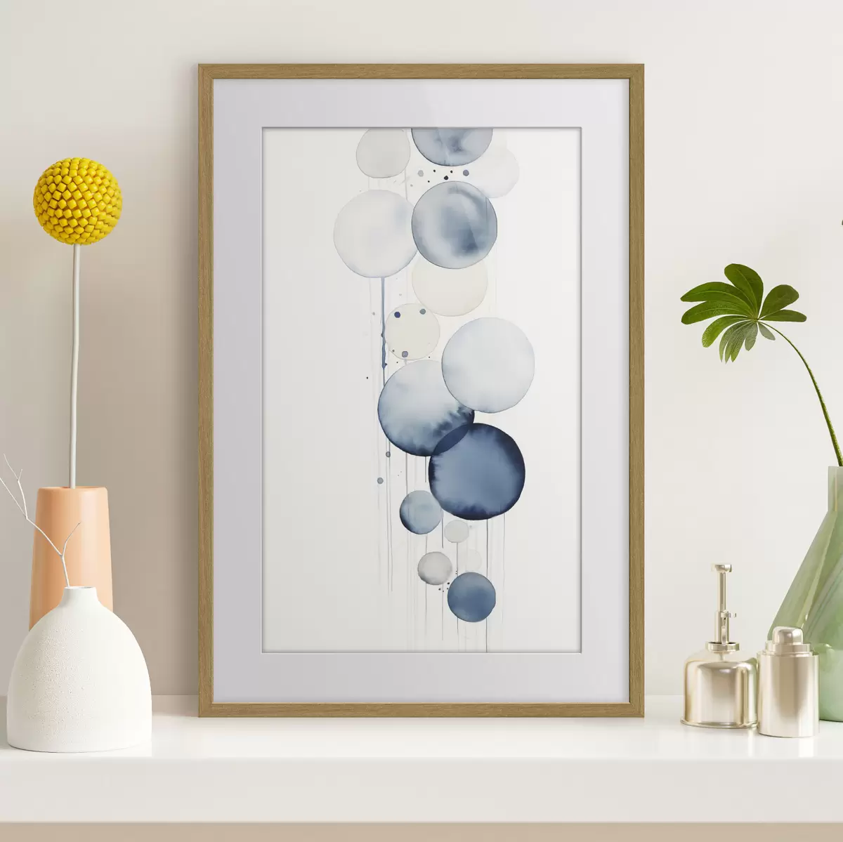 Poster Círculos abstractos con textura azul y blanca en acuarela de diferentes tamaños, sobre fondo blanco f47020