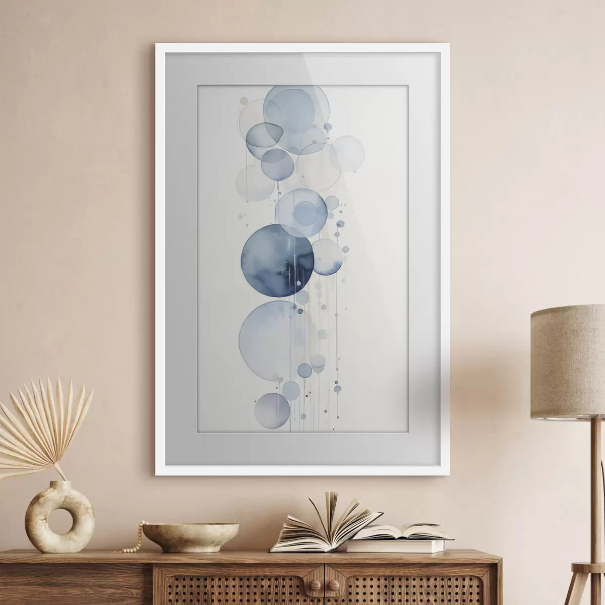 Poster Círculos abstractos con textura azul y blanca en acuarela de diferentes tamaños, sobre fondo blanco f47021