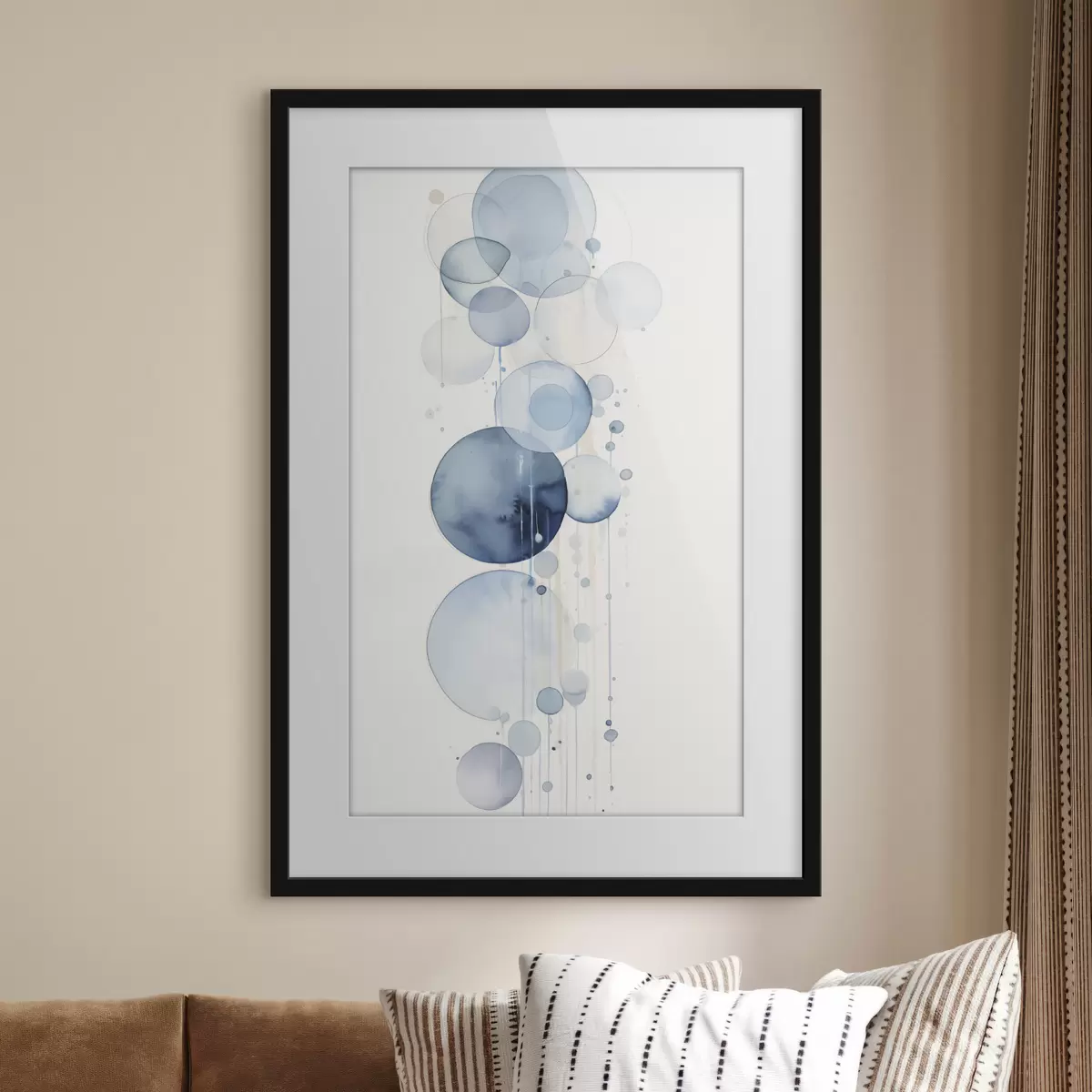 Poster Círculos abstractos con textura azul y blanca en acuarela de diferentes tamaños, sobre fondo blanco f47021