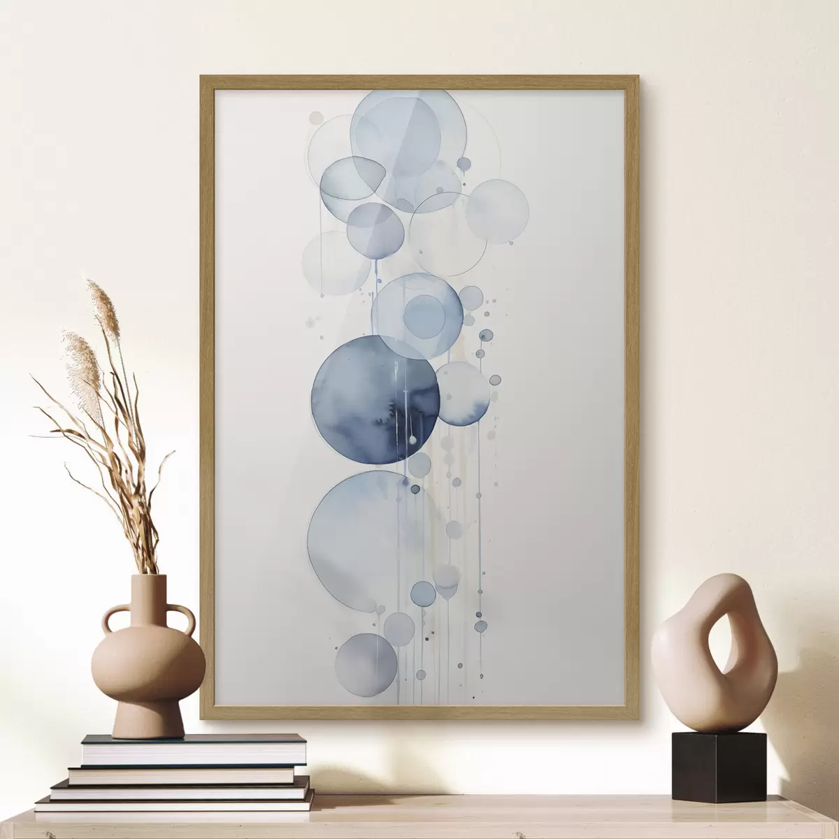 Poster Círculos abstractos con textura azul y blanca en acuarela de diferentes tamaños, sobre fondo blanco f47021