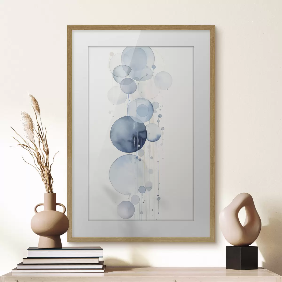 Poster Círculos abstractos con textura azul y blanca en acuarela de diferentes tamaños, sobre fondo blanco f47021