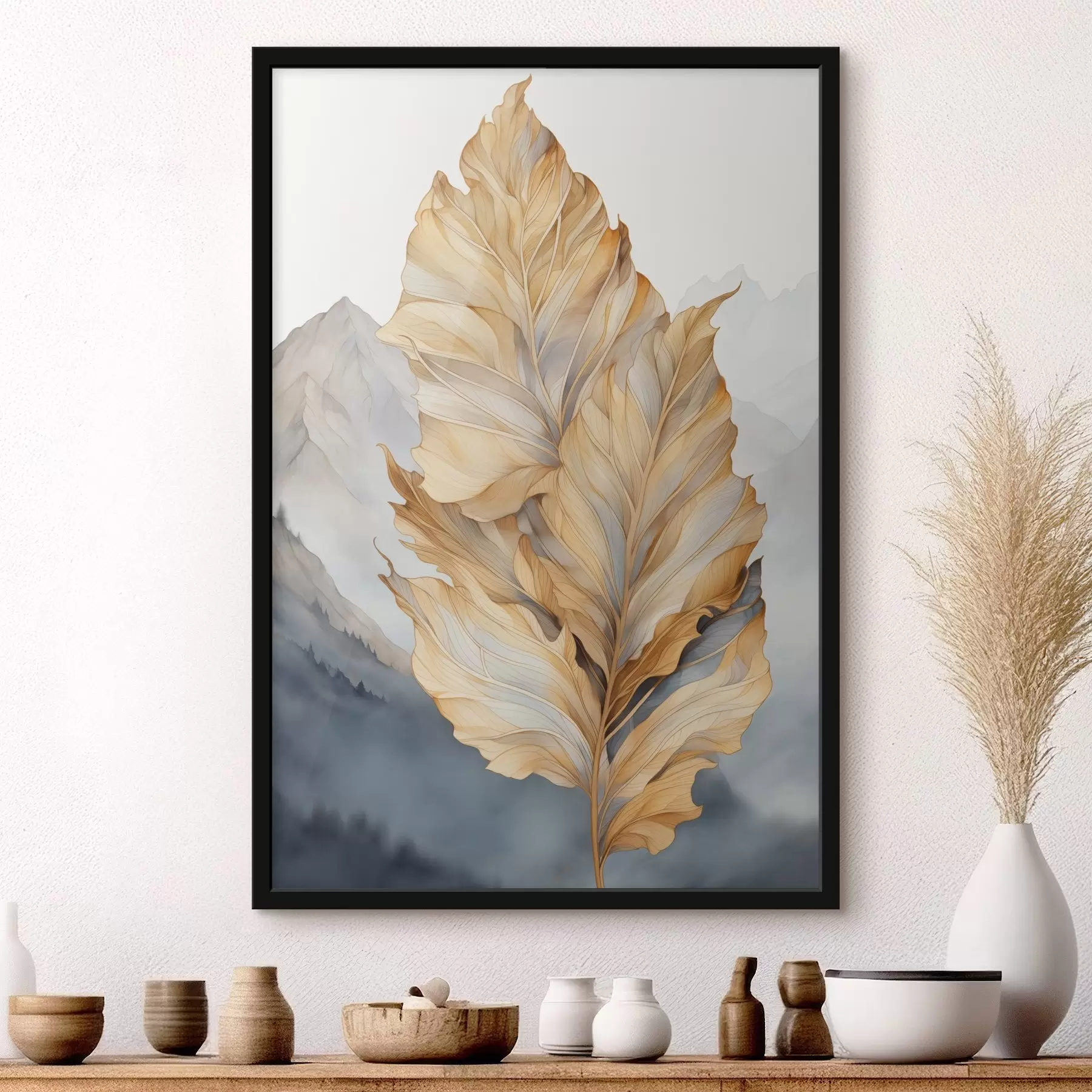 murales de pared Hojas abstractas grandes, amarillas y marrones con detalles intrincados, sobre un paisaje montañoso f47022