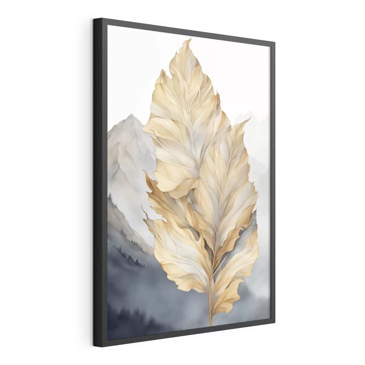 Poster Hojas abstractas grandes, amarillas y marrones con detalles intrincados, sobre un paisaje montañoso f47022
