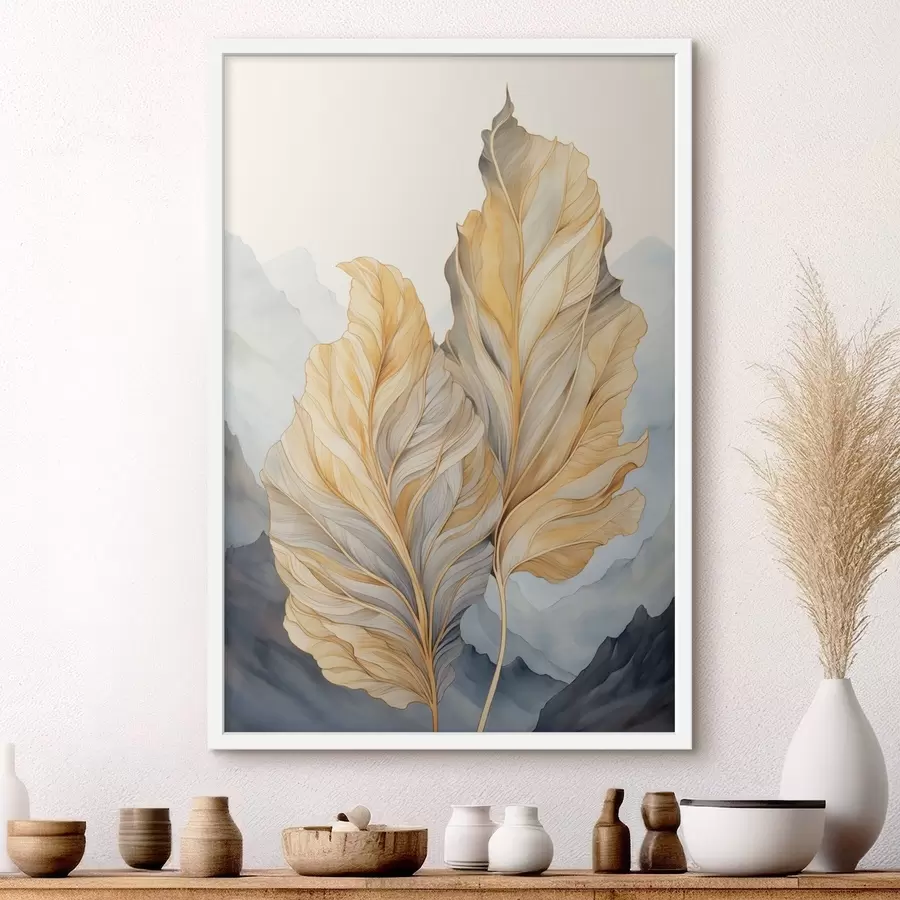 murales de pared Hojas abstractas grandes, amarillas y marrones con detalles intrincados, sobre un paisaje montañoso. f47023