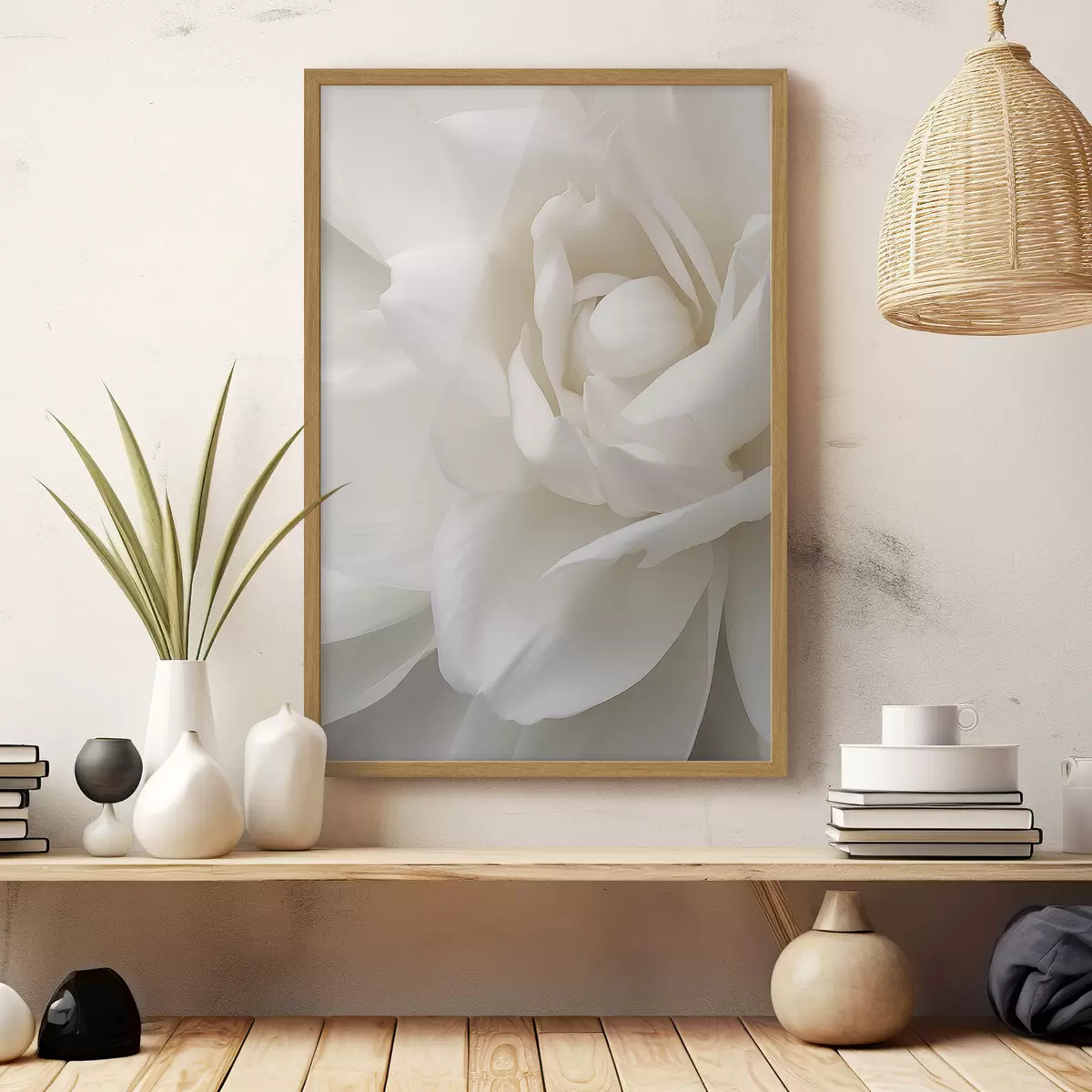 Poster Flor abstracta blanca con pétalos delicados y superpuestos, arte minimalista f47025
