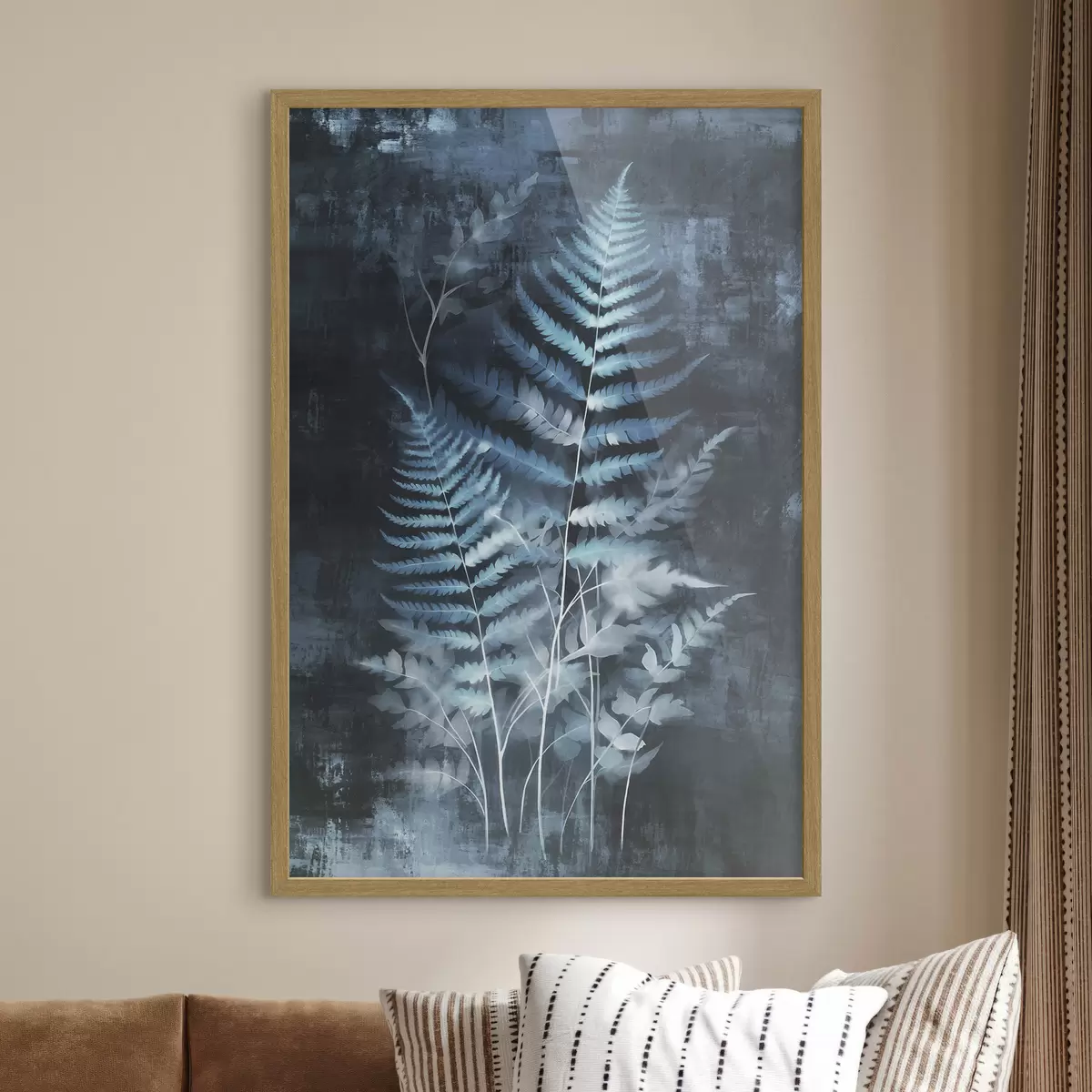 Poster Helechos y plantas azules sobre un fondo oscuro y texturizado, con énfasis en los detalles intrincados, efecto radiográfico f47026