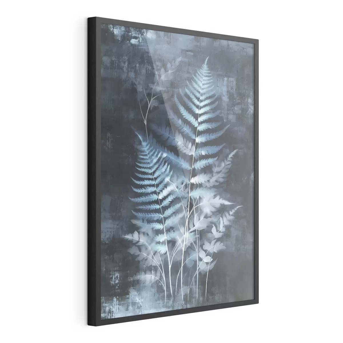 Poster Helechos y plantas azules sobre un fondo oscuro y texturizado, con énfasis en los detalles intrincados, efecto radiográfico f47026