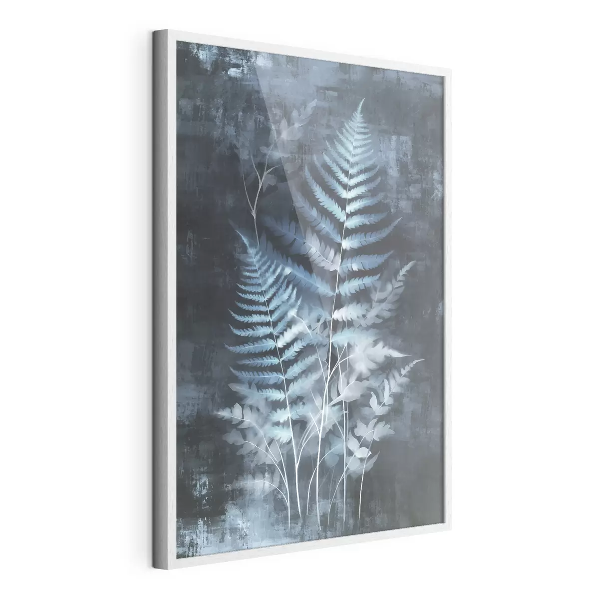 Poster Helechos y plantas azules sobre un fondo oscuro y texturizado, con énfasis en los detalles intrincados, efecto radiográfico f47026