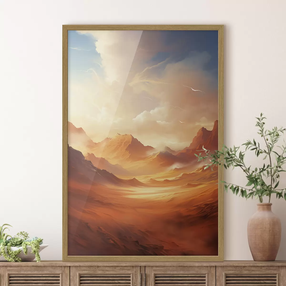 Poster Un vasto paisaje desértico de color naranja con imponentes montañas rocosas bajo un cielo brumoso y soleado con nubes tenues f47028