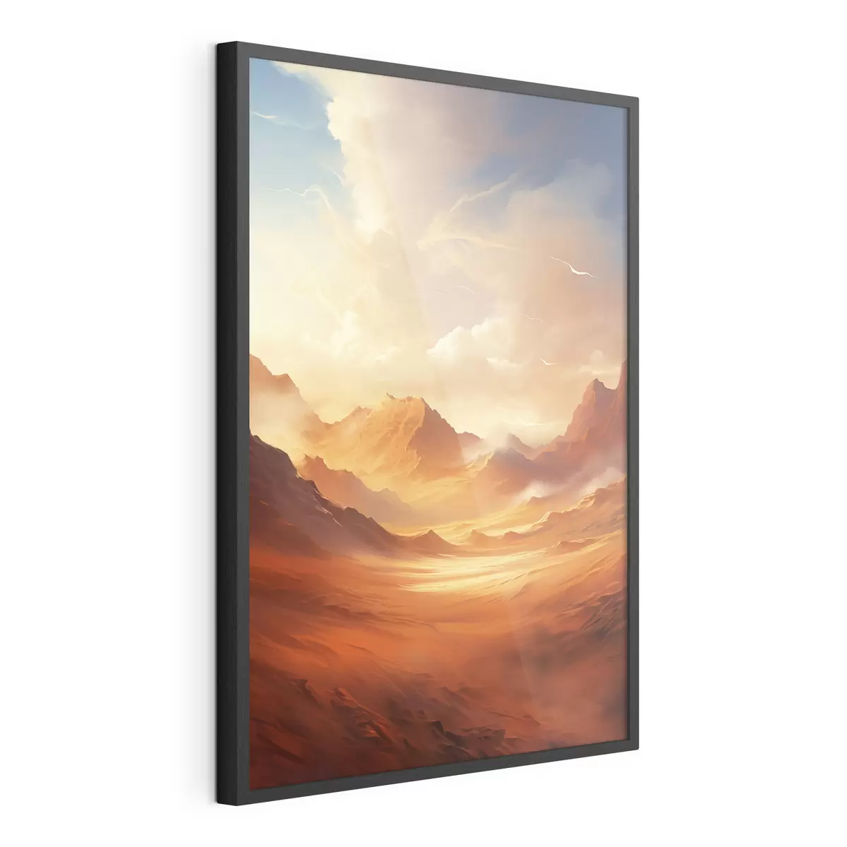 Poster Un vasto paisaje desértico de color naranja con imponentes montañas rocosas bajo un cielo brumoso y soleado con nubes tenues f47028