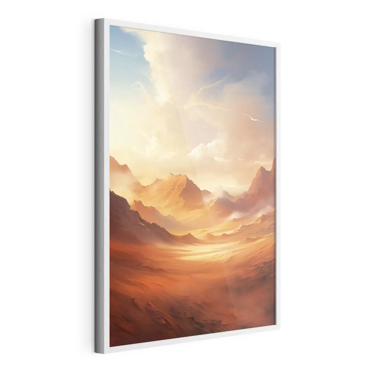 Poster Un vasto paisaje desértico de color naranja con imponentes montañas rocosas bajo un cielo brumoso y soleado con nubes tenues f47028