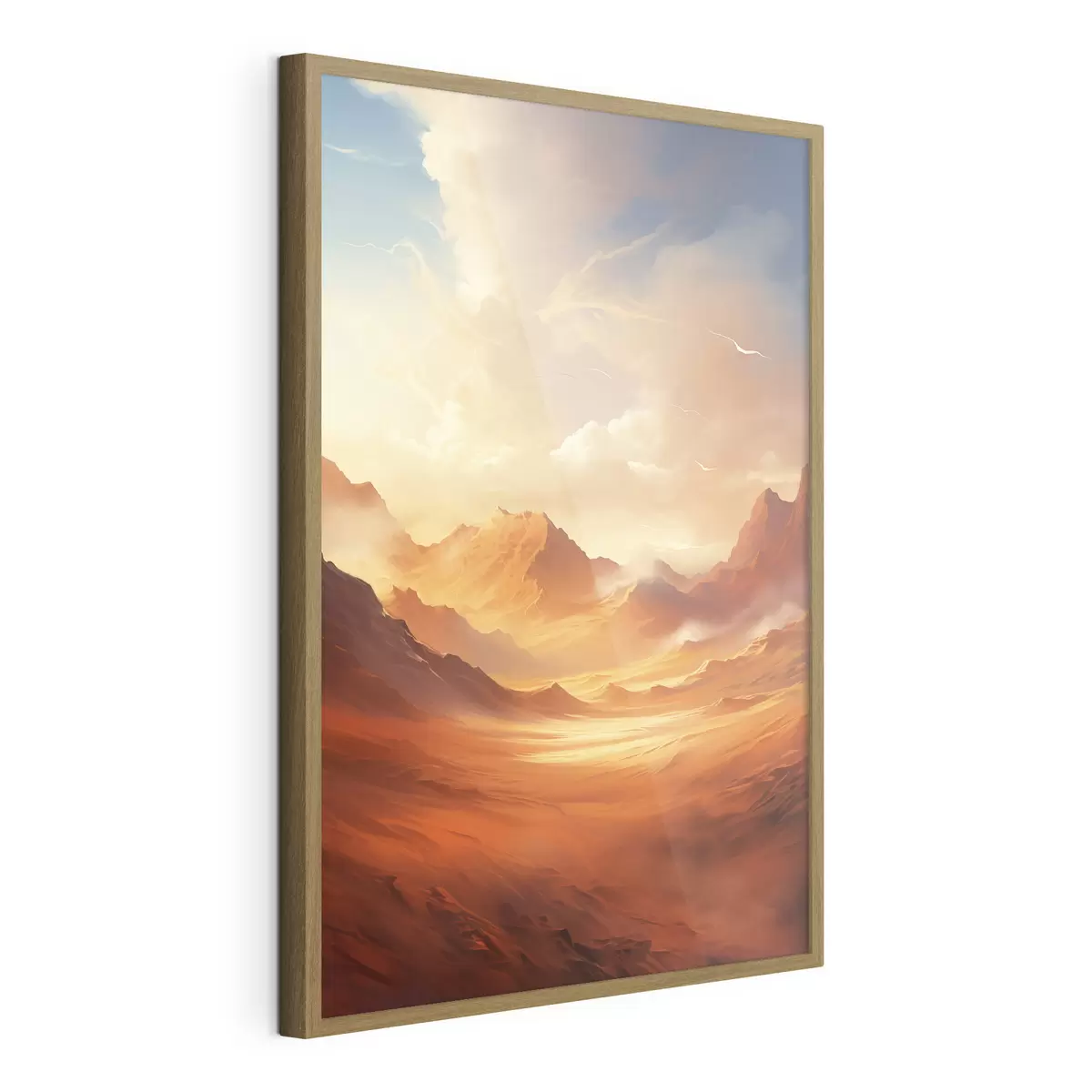 Poster Un vasto paisaje desértico de color naranja con imponentes montañas rocosas bajo un cielo brumoso y soleado con nubes tenues f47028