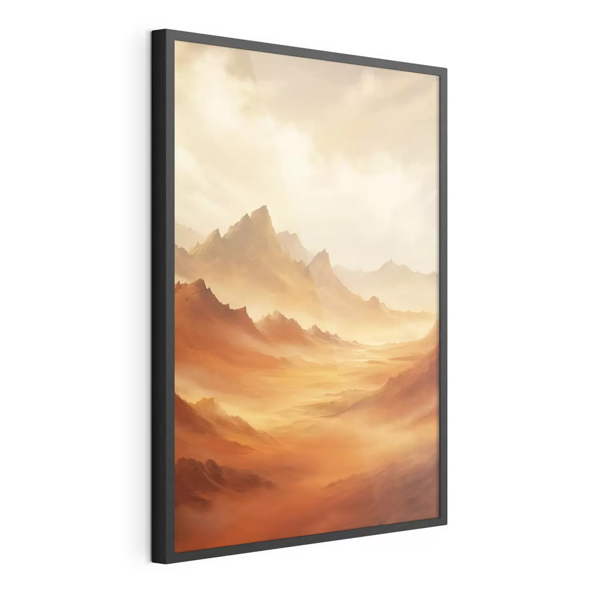 Poster Un vasto paisaje desértico de color naranja con imponentes montañas rocosas bajo un cielo brumoso y soleado con nubes tenues f47029