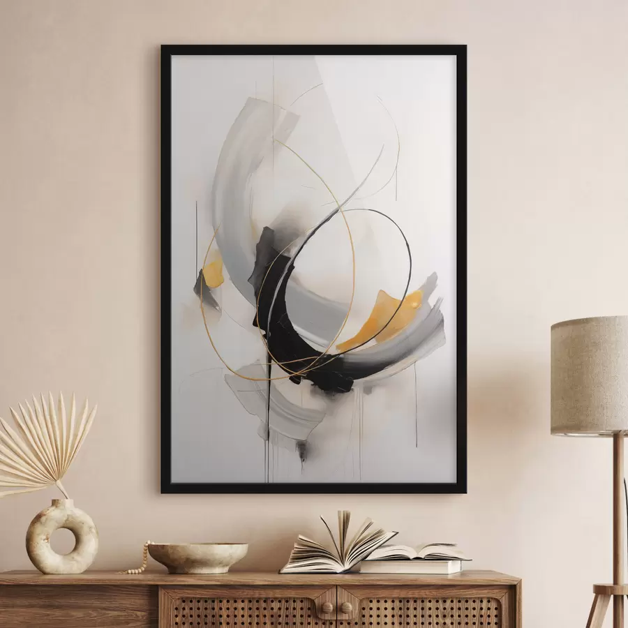 murales de pared Pintura abstracta con pinceladas amarillas, negras y blancas, líneas dinámicas. f47035