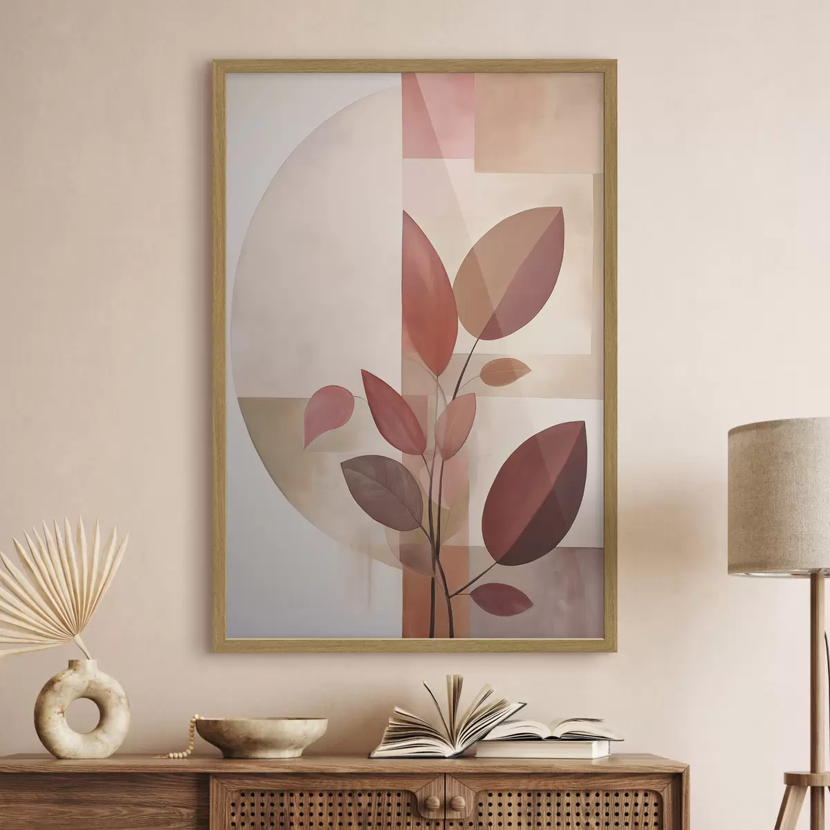 Poster Planta abstracta con hojas rojas sobre un fondo de formas geométricas y colores suaves y apagados f47041