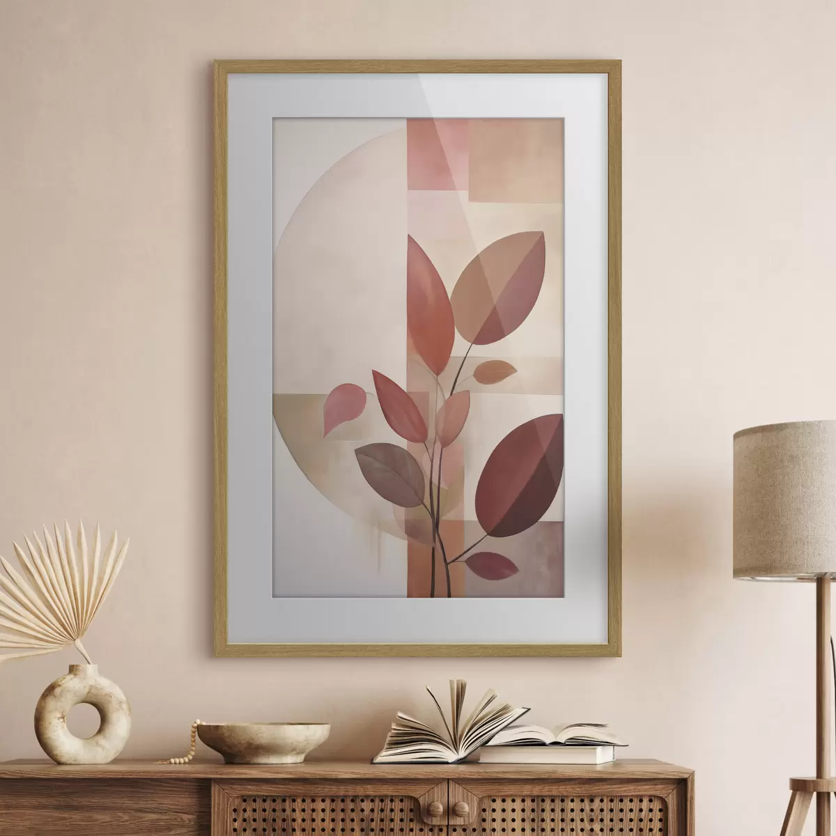 Poster Planta abstracta con hojas rojas sobre un fondo de formas geométricas y colores suaves y apagados f47041