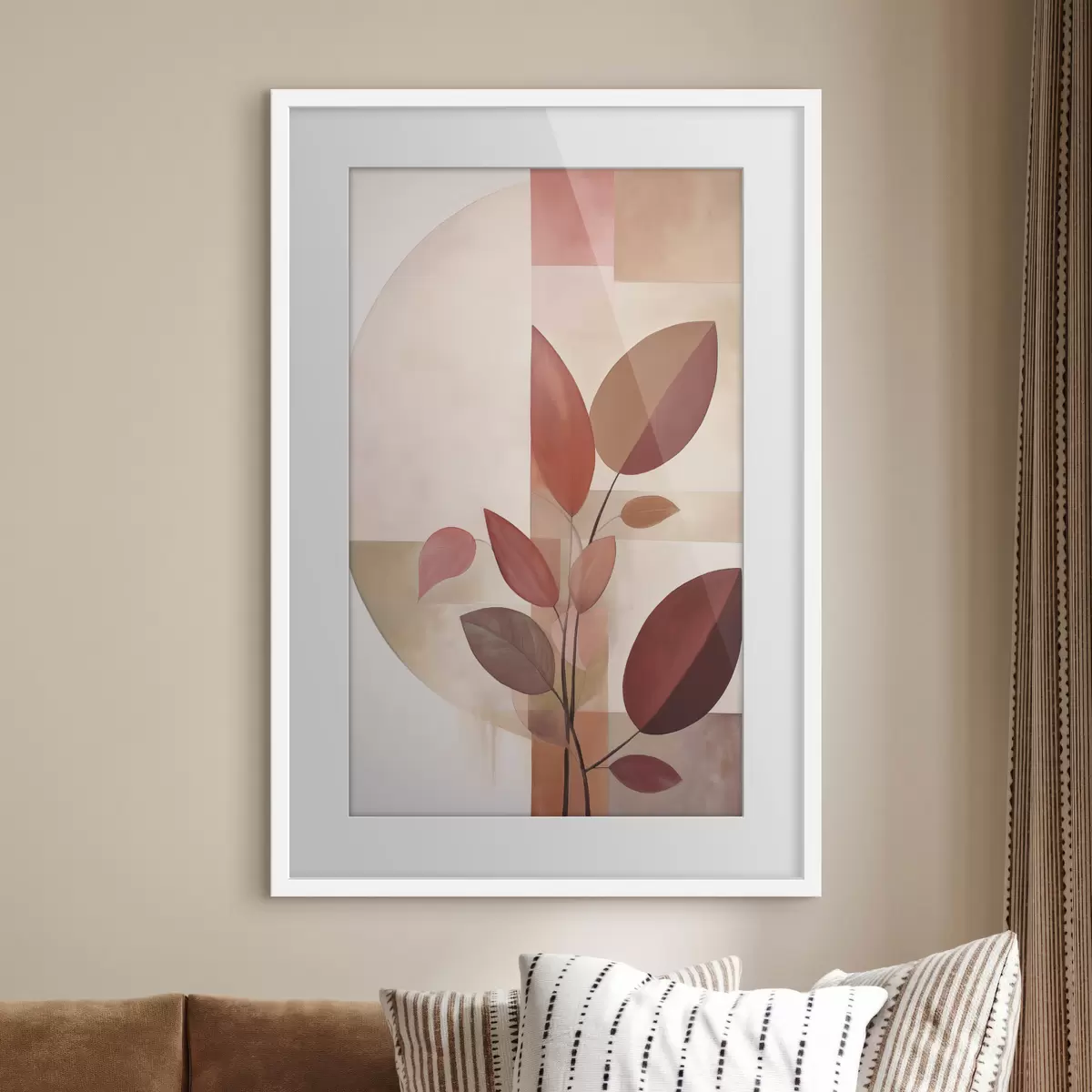 Poster Planta abstracta con hojas rojas sobre un fondo de formas geométricas y colores suaves y apagados f47041