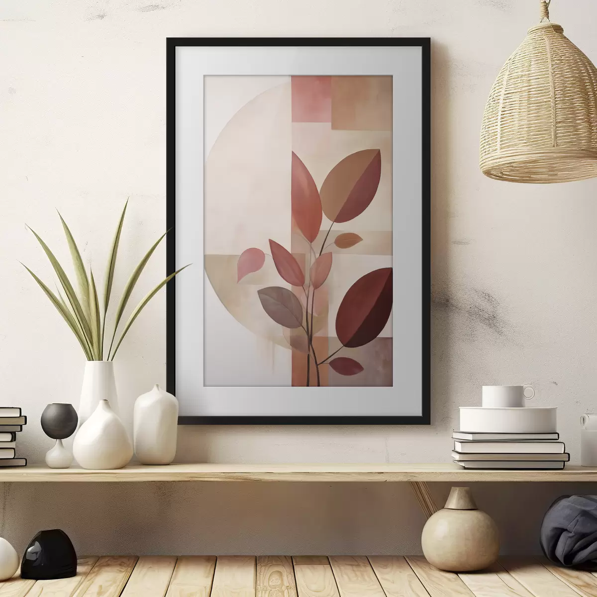 Poster Planta abstracta con hojas rojas sobre un fondo de formas geométricas y colores suaves y apagados f47041