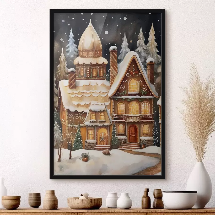 murales de pared Casas cubiertas de nieve en el bosque f46985