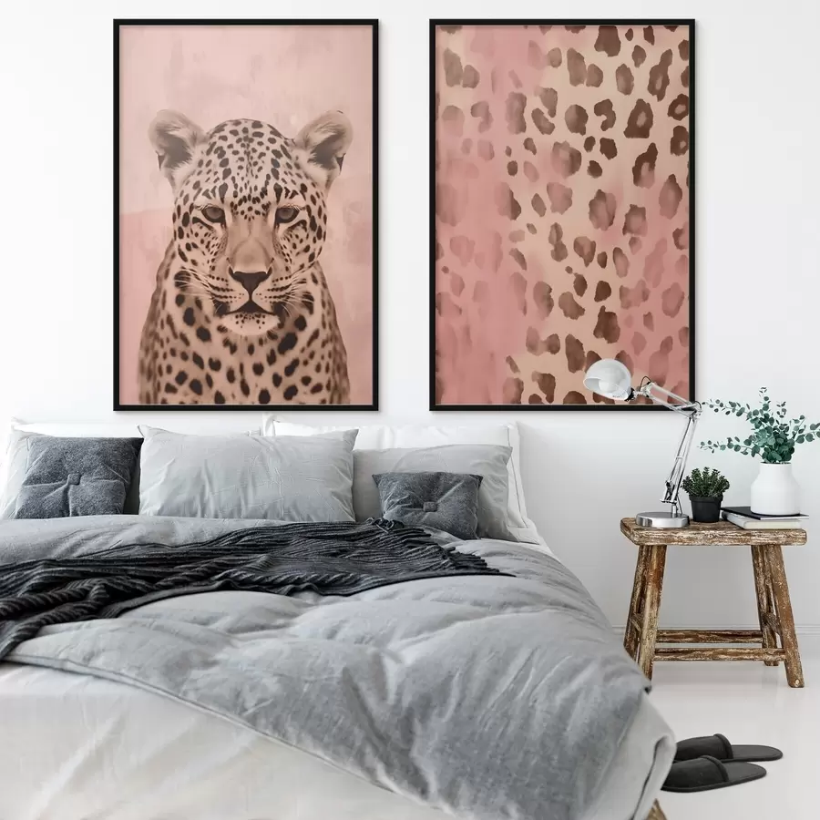 murales de pared Retrato de un guepardo, Patrón abstracto con estampado de leopardo sobre fondo rosa d00402