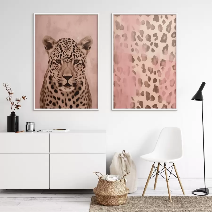 murales de pared Retrato de un guepardo, Patrón abstracto con estampado de leopardo sobre fondo rosa d00402