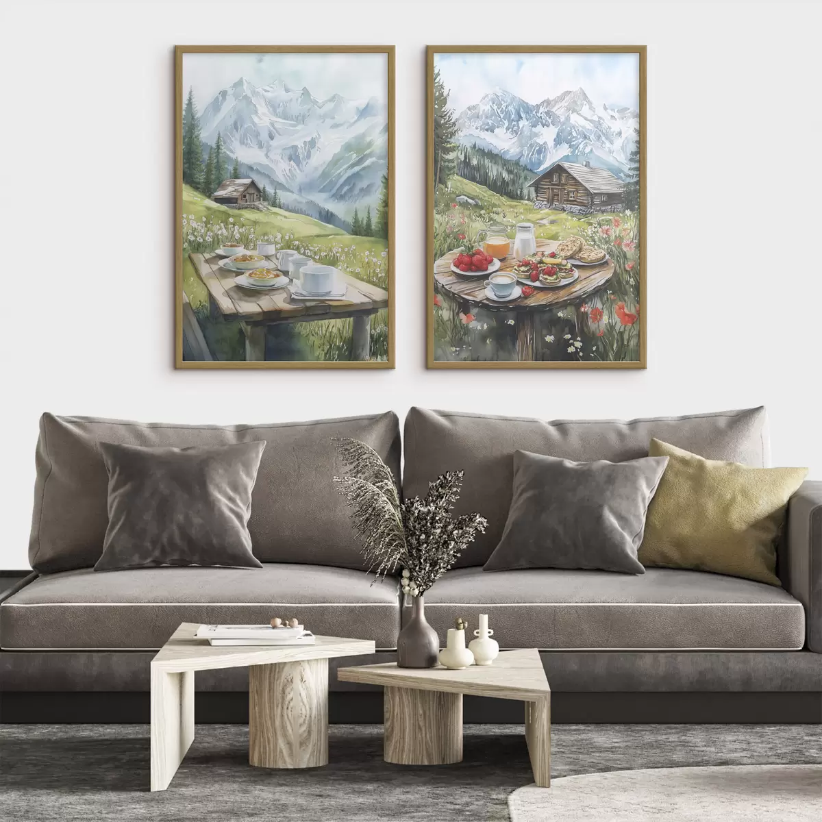 Poster Los Alpes, hermosos paisajes de montaña, desayunos estéticos, casas de madera d00403
