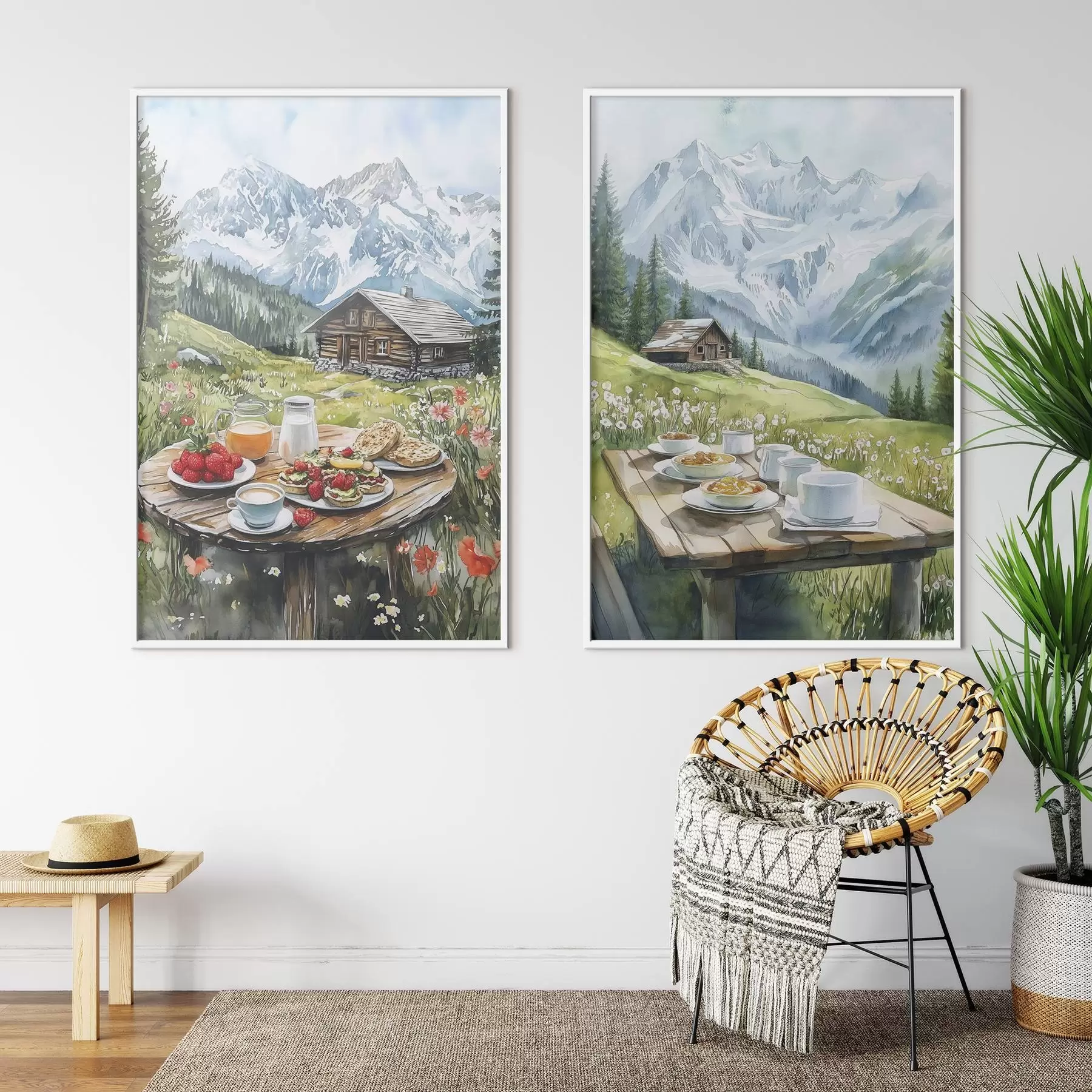murales de pared Los Alpes, hermosos paisajes de montaña, desayunos estéticos, casas de madera d00403