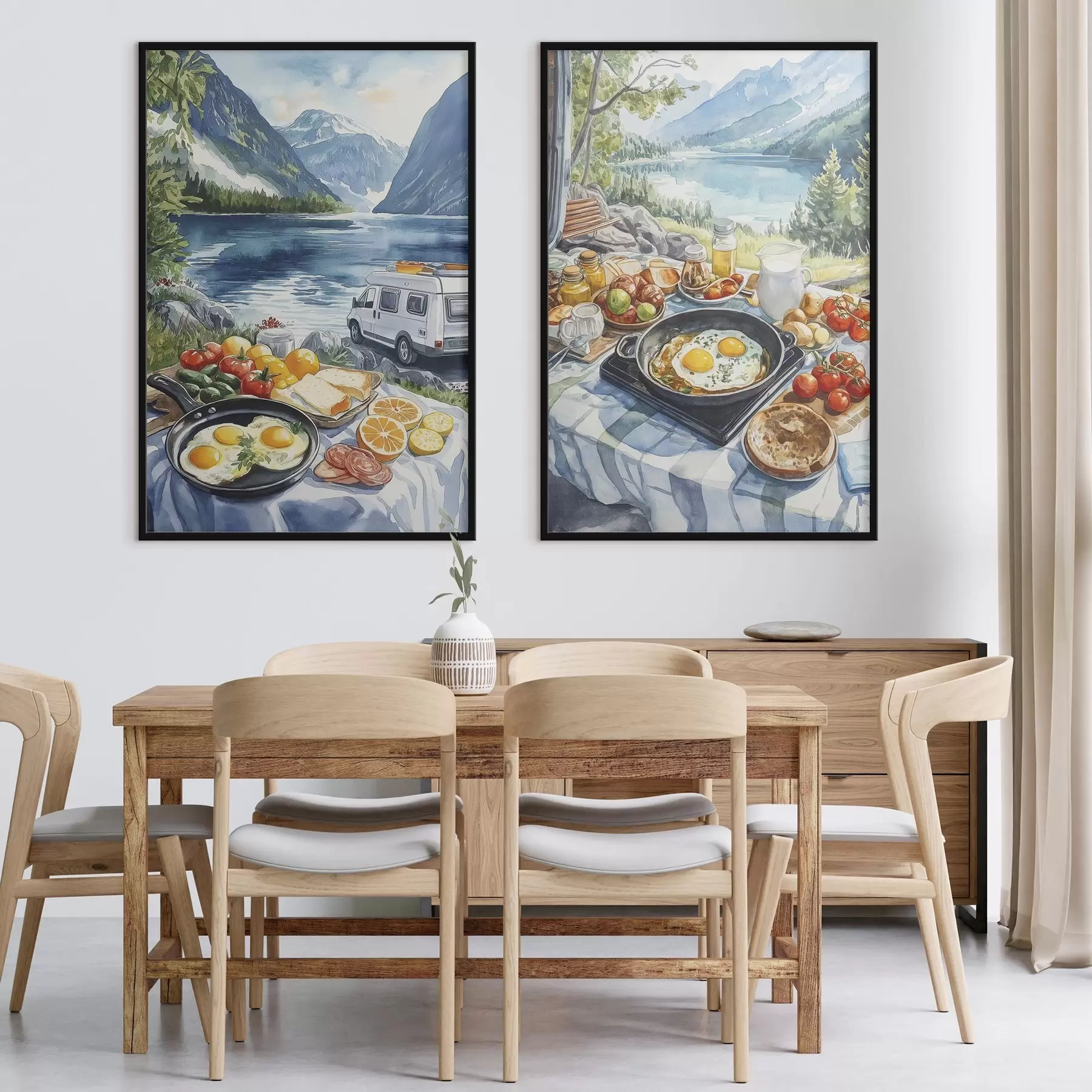 murales de pared Desayuno en la naturaleza, viajar, vida al aire libre, estilo acuarela, Noruega d00404