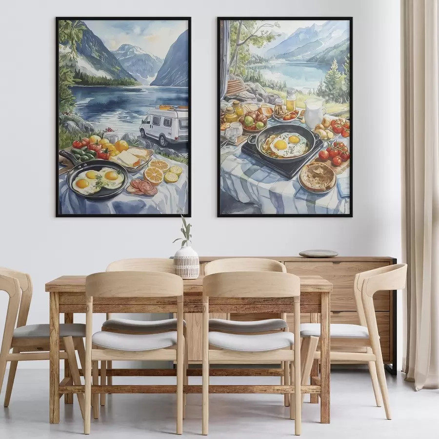 murales de pared Desayuno en la naturaleza, viajar, vida al aire libre, estilo acuarela, Noruega d00404