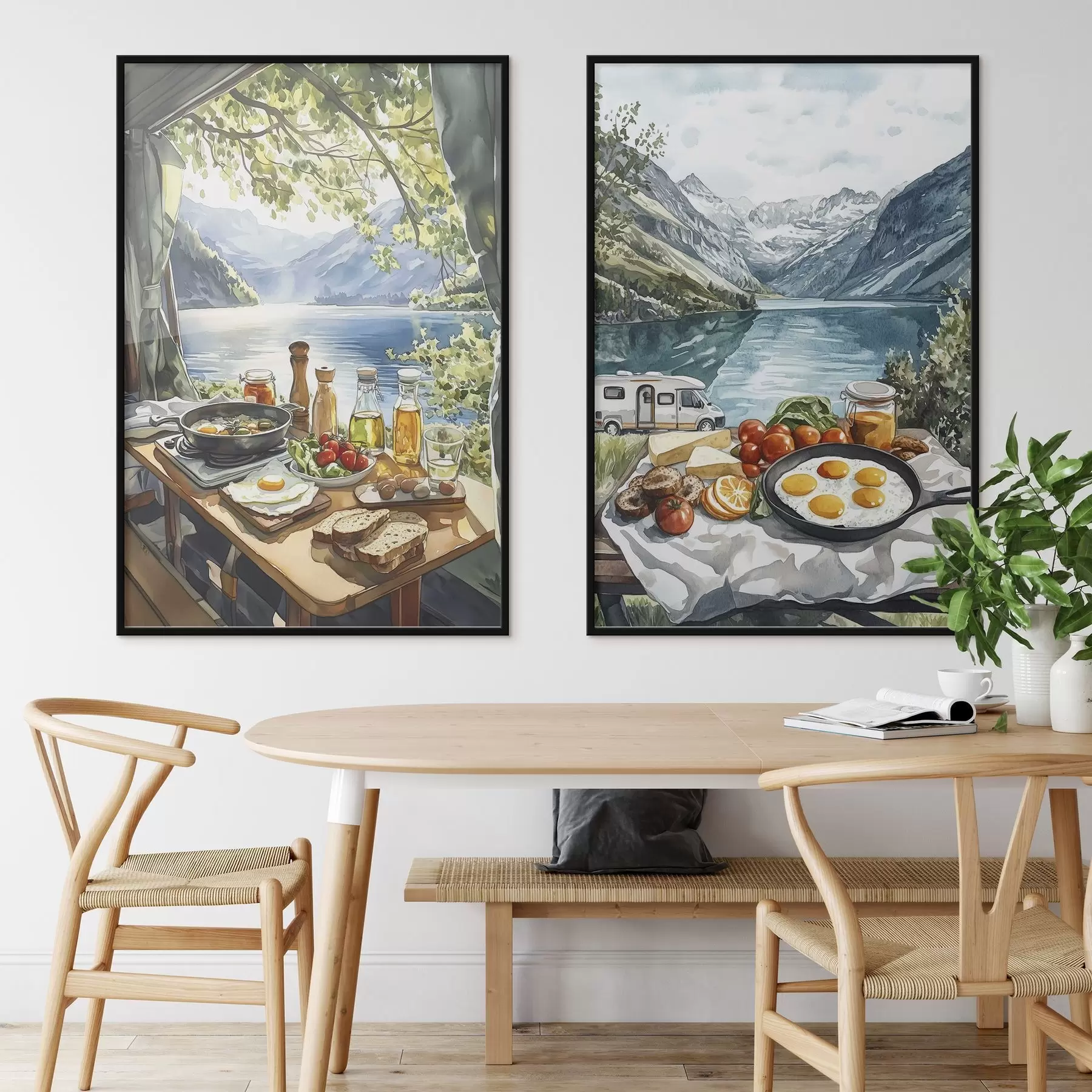 murales de pared Camping, desayuno estético cerca del lago, estilo acuarela d00405