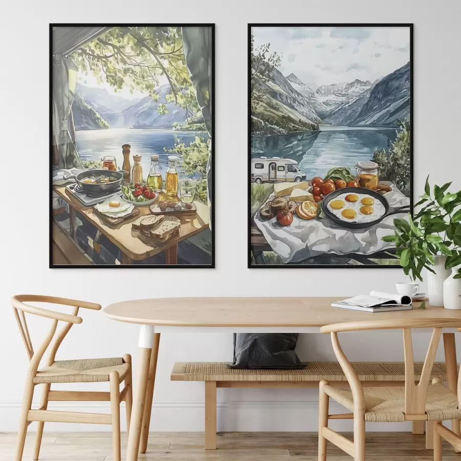 murales de pared Camping, desayuno estético cerca del lago, estilo acuarela d00405