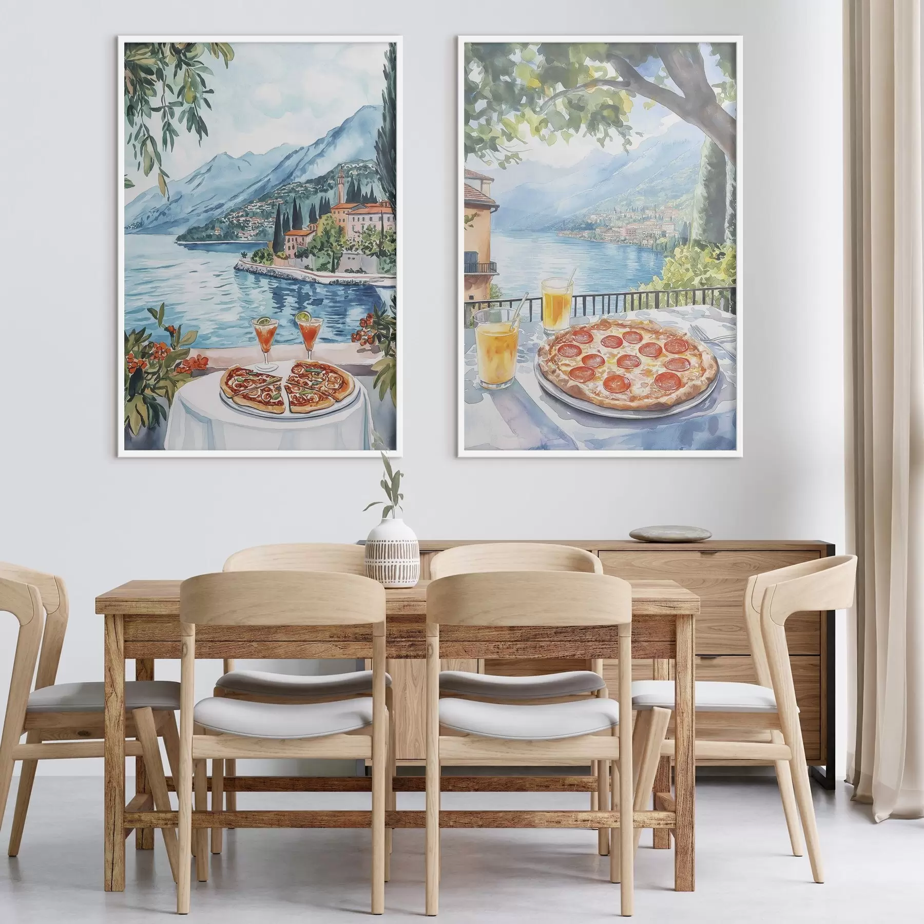 murales de pared Lago Como, brunch en Italia, estilo acuarela, pizza margarita, naturaleza de verano d00406