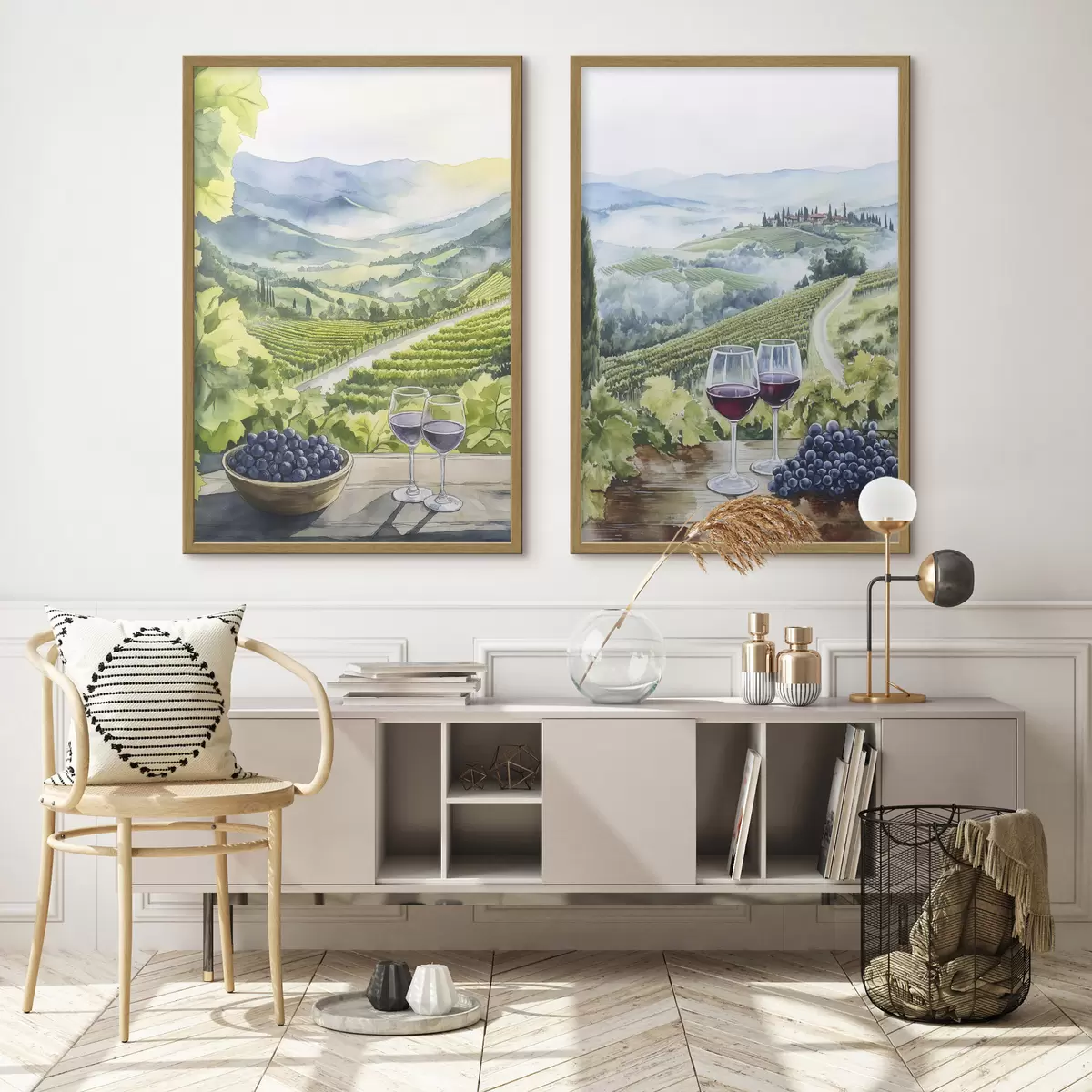 Poster Hermosos paisajes de la Toscana, patios de uva, copas de vino, estilo acuarela, Italia d00408