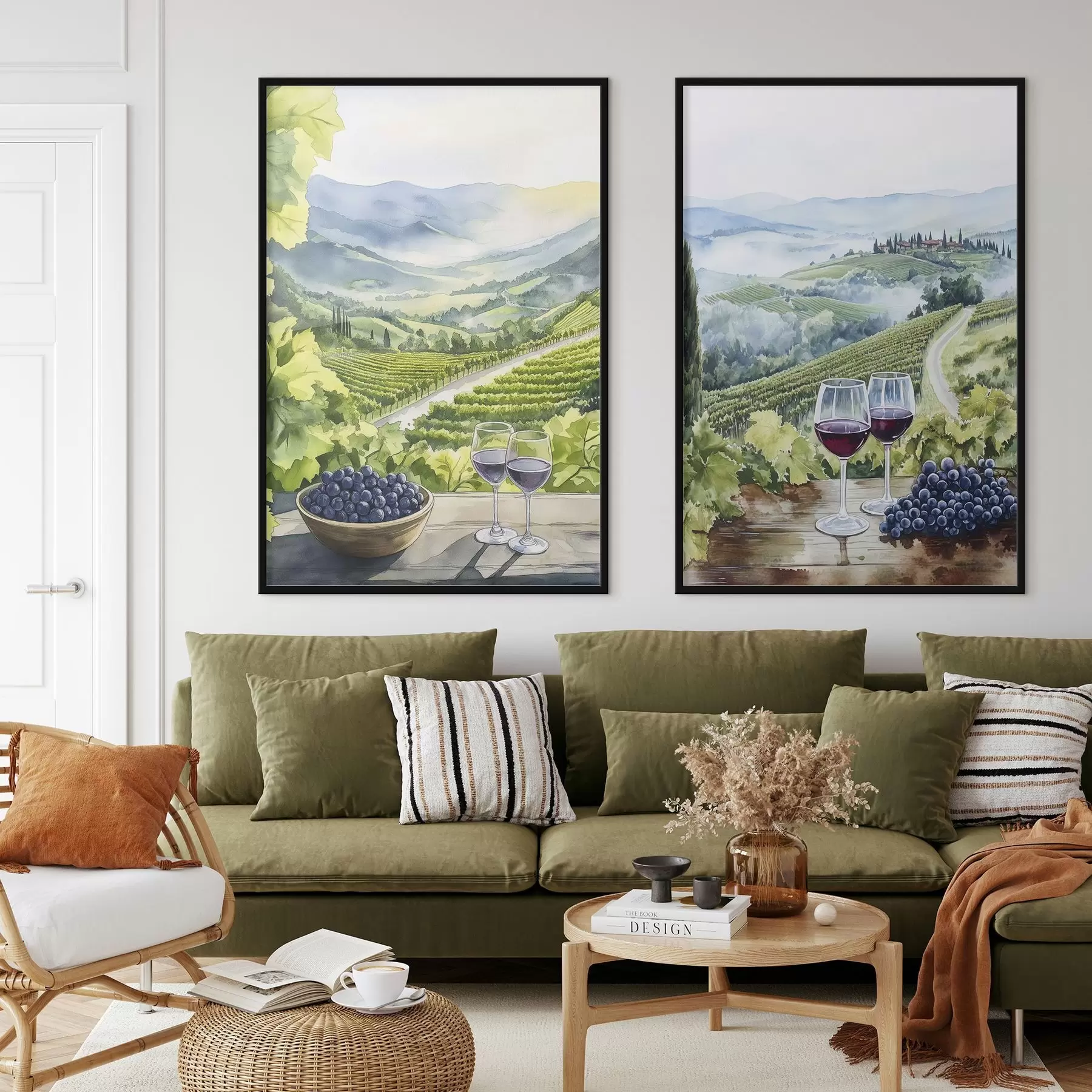 murales de pared Hermosos paisajes de la Toscana, patios de uva, copas de vino, estilo acuarela, Italia d00408